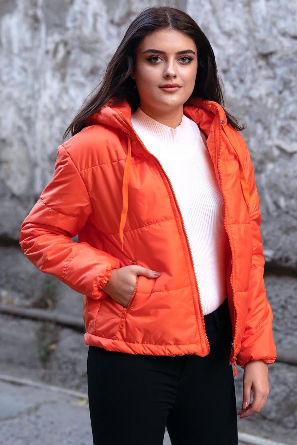 Mad Girls Orange Hooded Zip-Down Women Jacket MG712