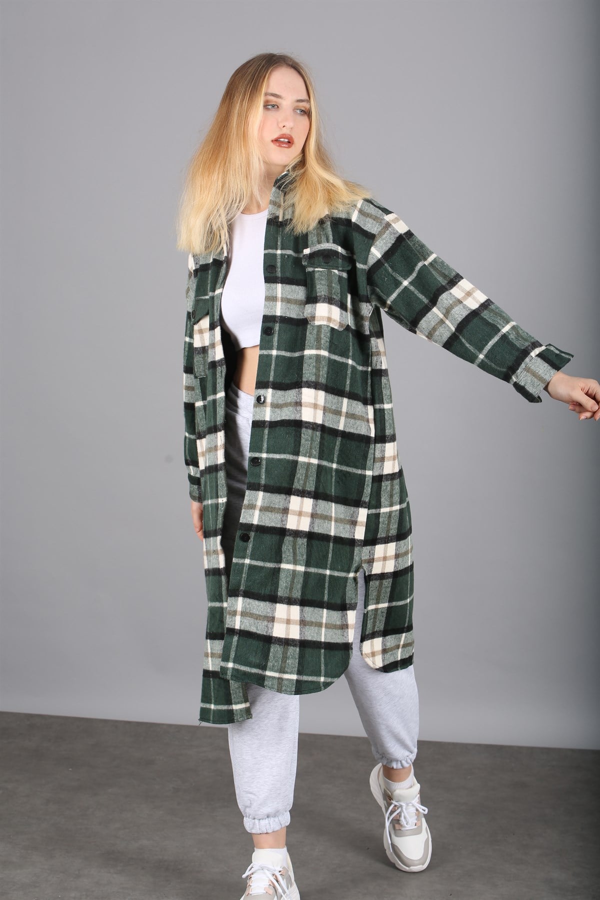 Mad Girls Green Plaid Coat MG1234