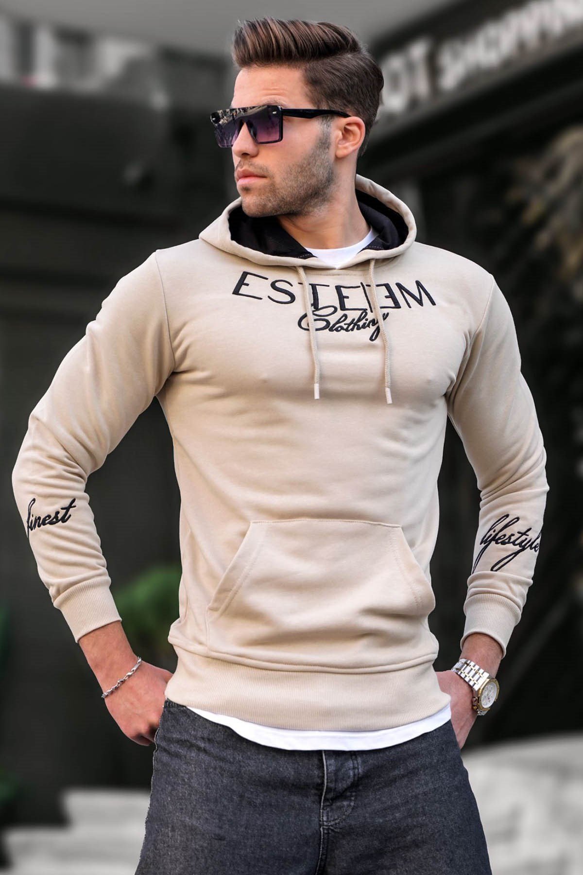 Madmext Baskılı Bej Kapşonlu Sweatshirt 4402