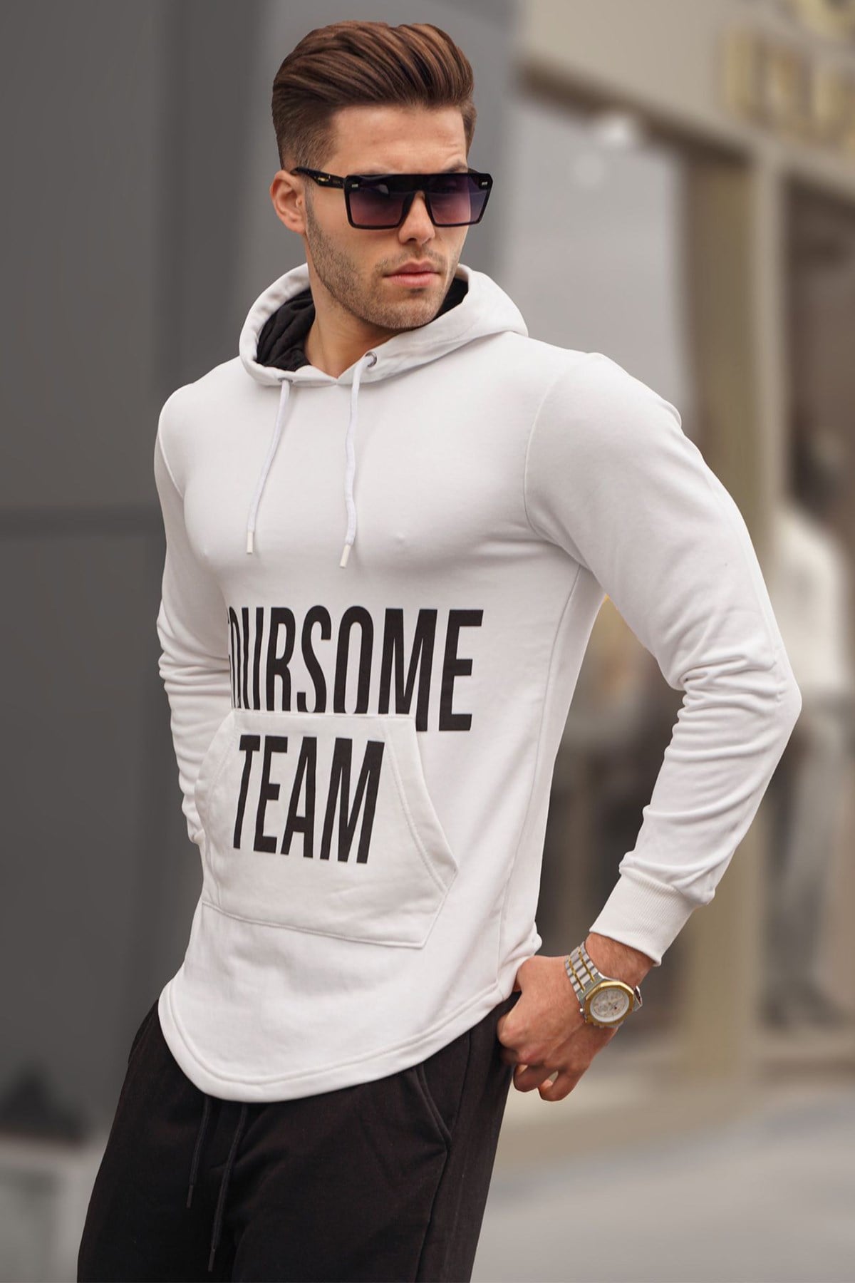 Madmext Baskılı Beyaz Kapşonlu Sweatshirt 4148