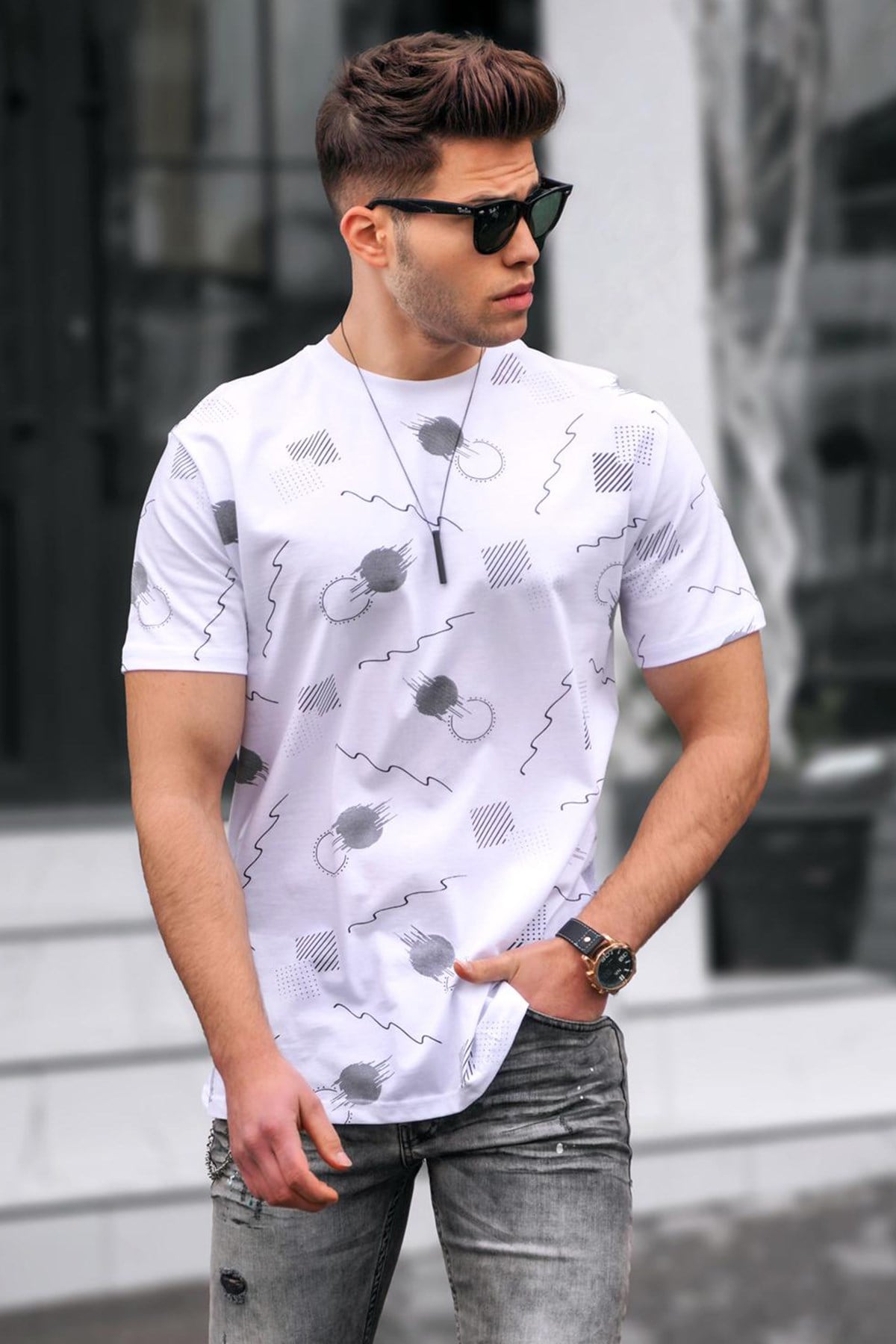 Madmext Baskılı Beyaz Oversize T-Shirt 5392