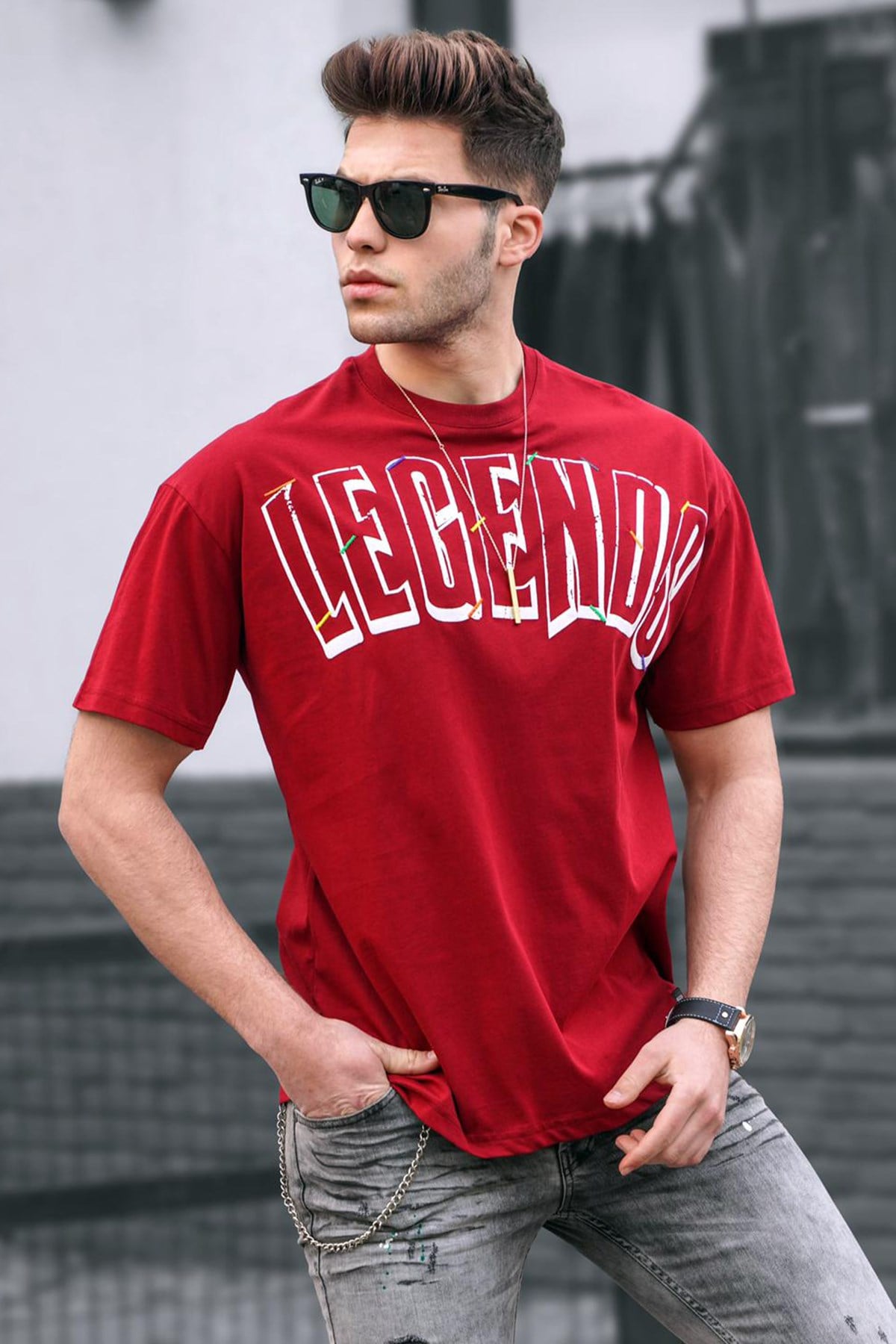 Madmext Baskılı Bordo Oversize T-Shirt 5393