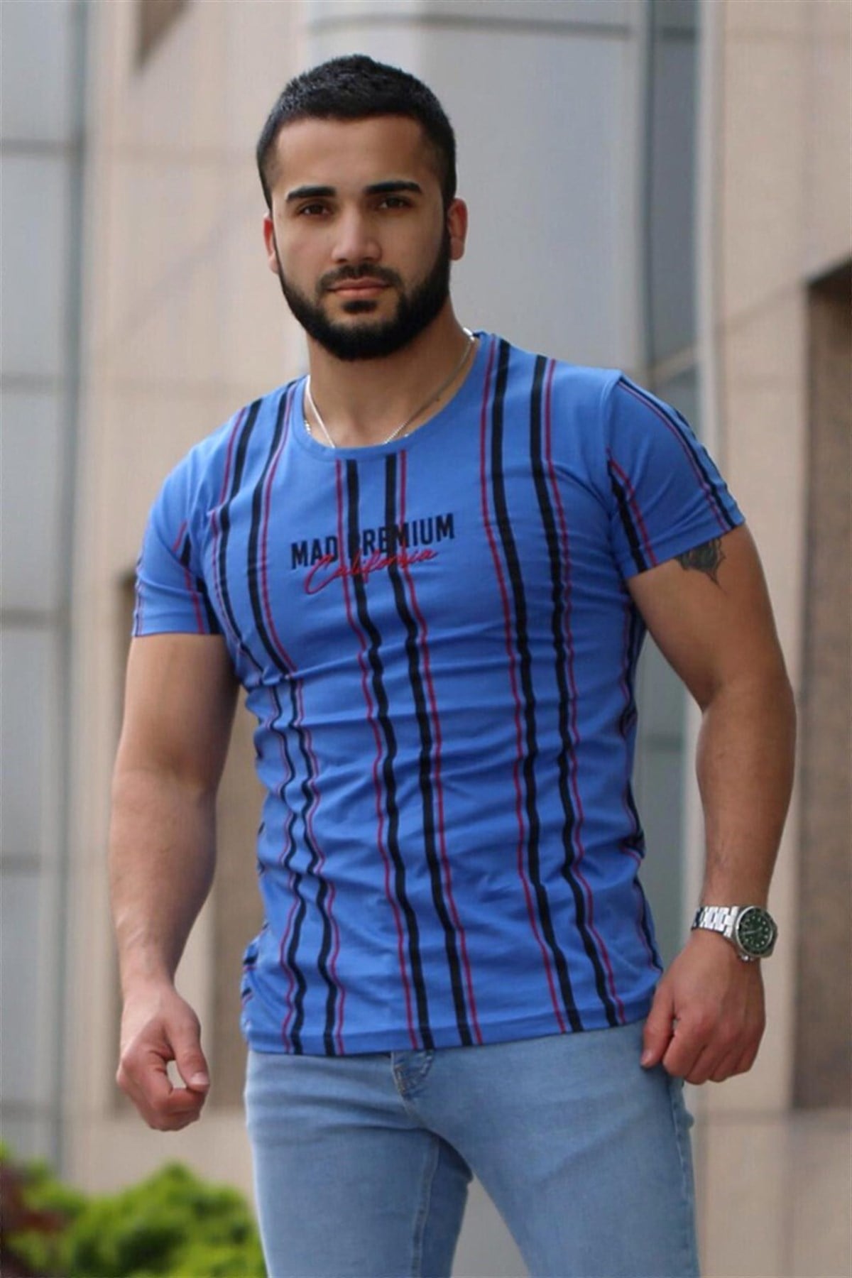 Madmext Blue Striped T-shirt for Men Mad4048