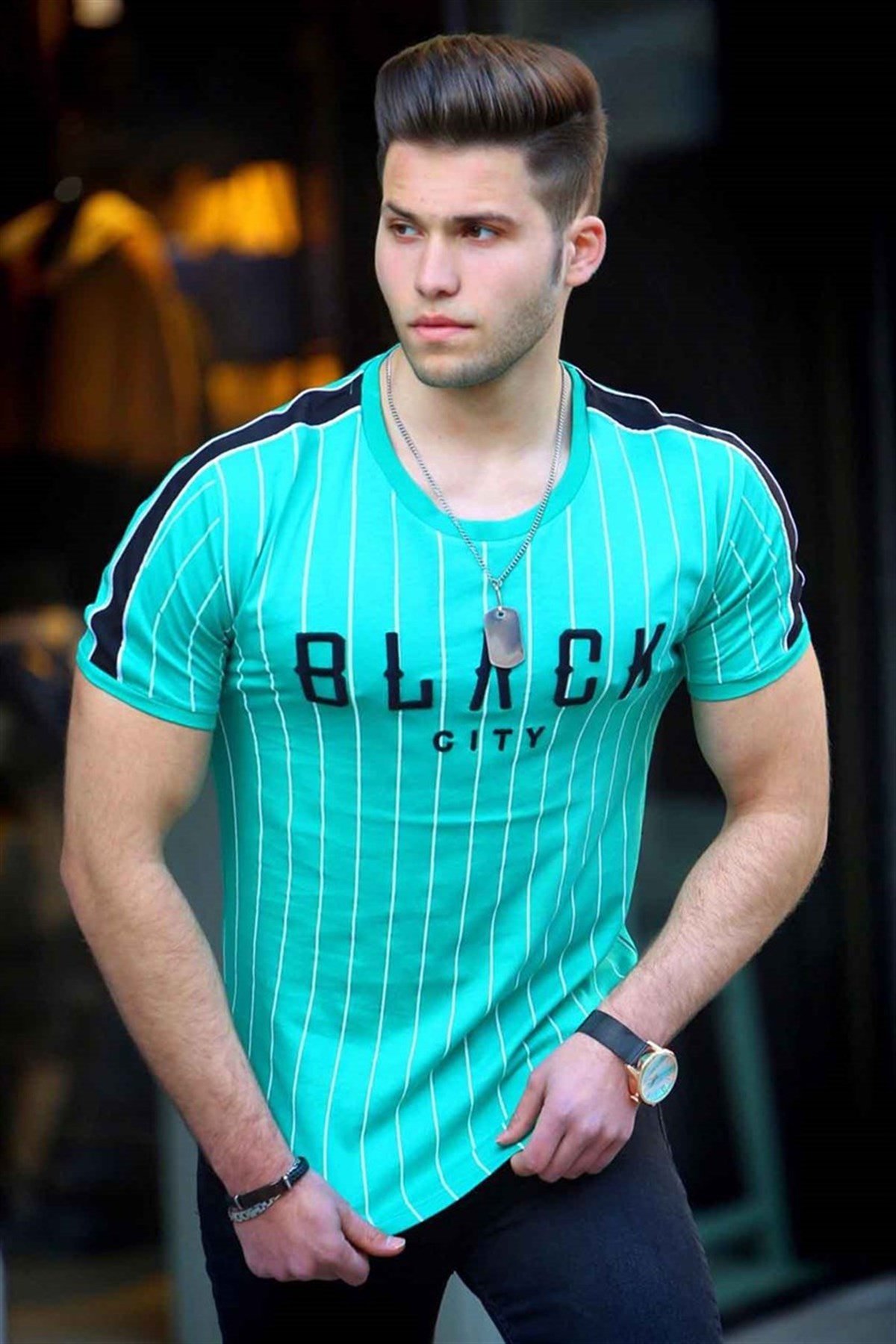Madmext Turquoise Striped T-shirt for Men 3083-1
