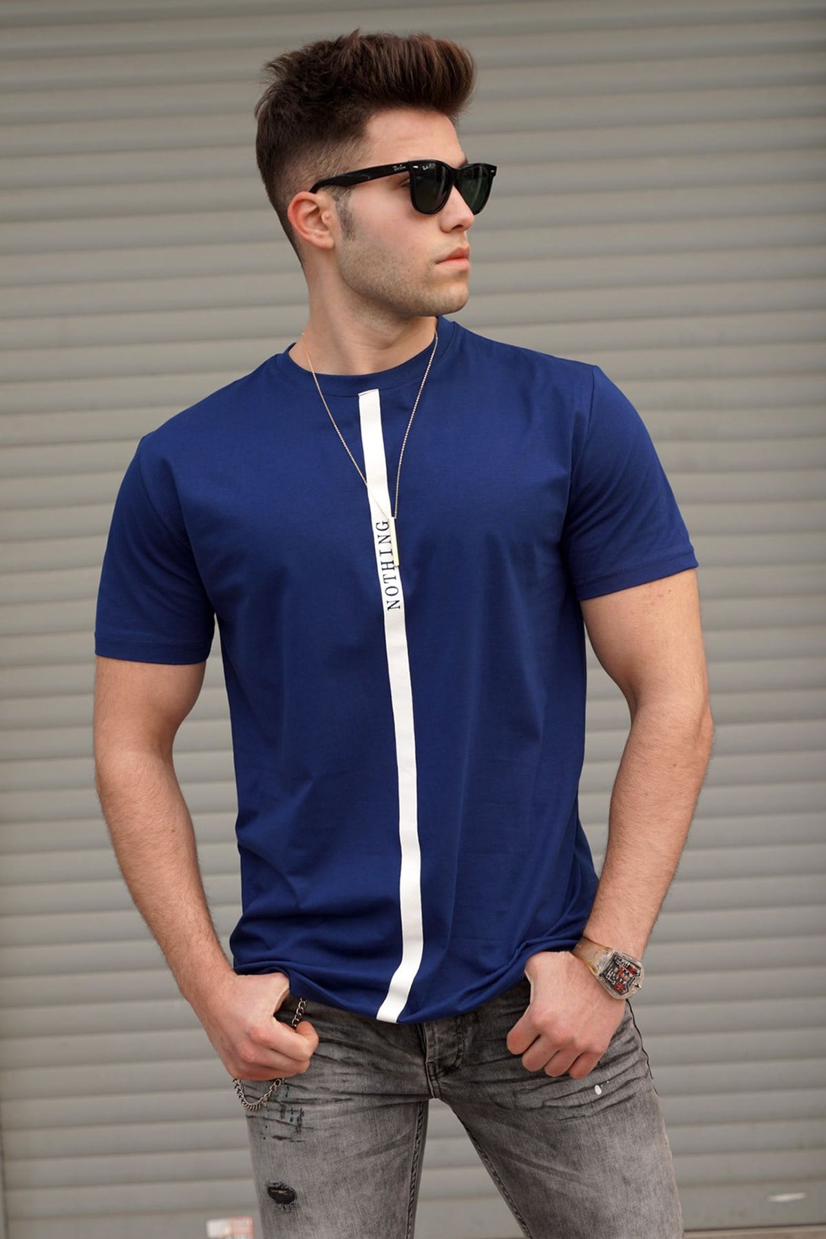 Madmext Baskılı Lacivert T-Shirt 5378