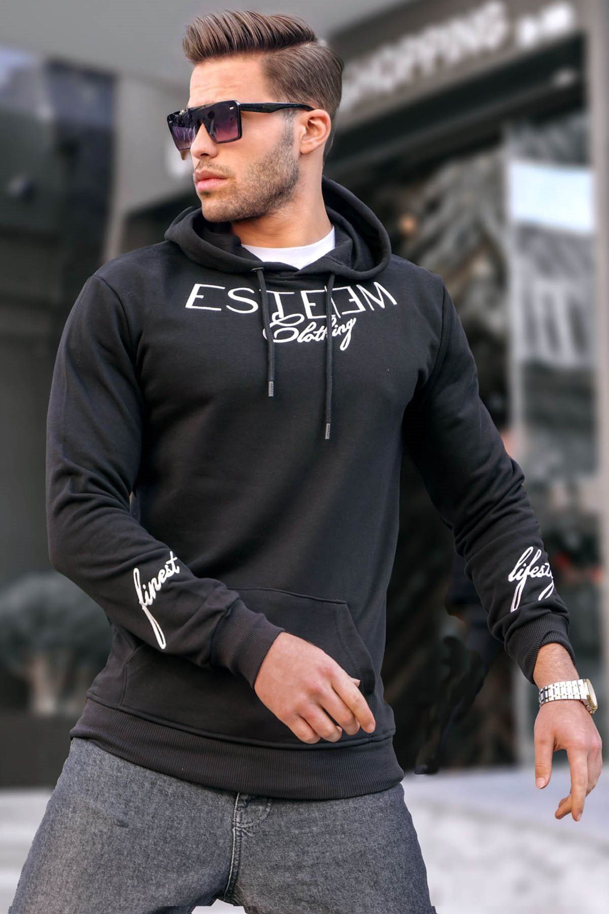 MadmextPrinted Black Kapşonlu Sweatshirt 4402