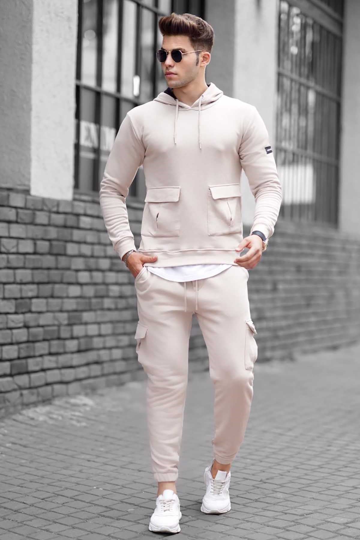 Madmext Beige Pocket Detailed Men Tracksuit Set 4726
