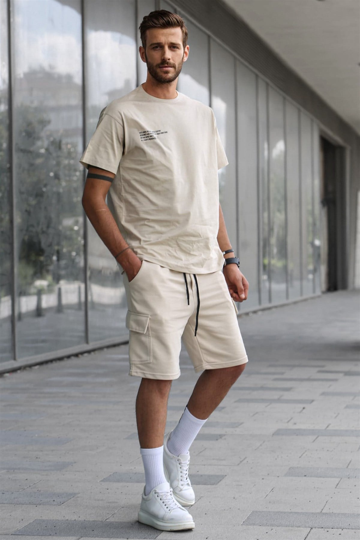 Madmext Bej Oversize Erkek Şort Takımı 5391