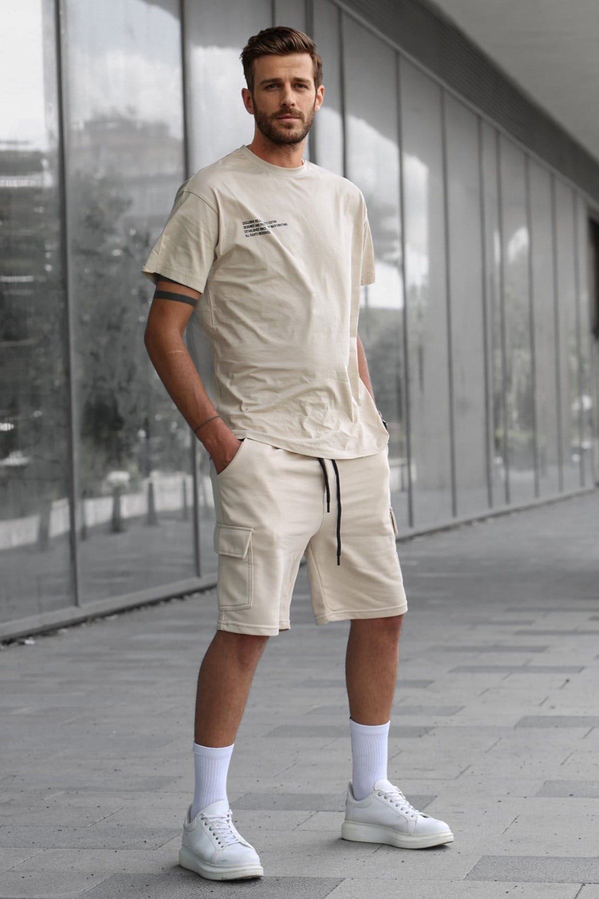 Madmext Bej Oversize Erkek Şort Takımı 5391
