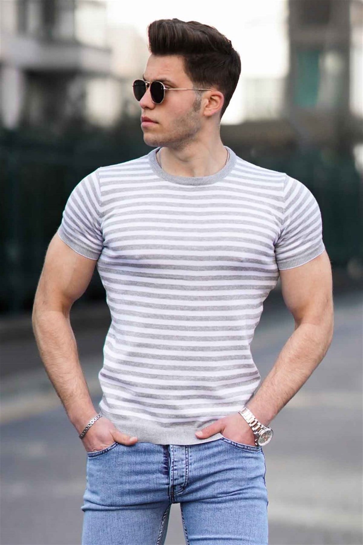 Madmext Grey Knitwear T-shirt for Men 4602