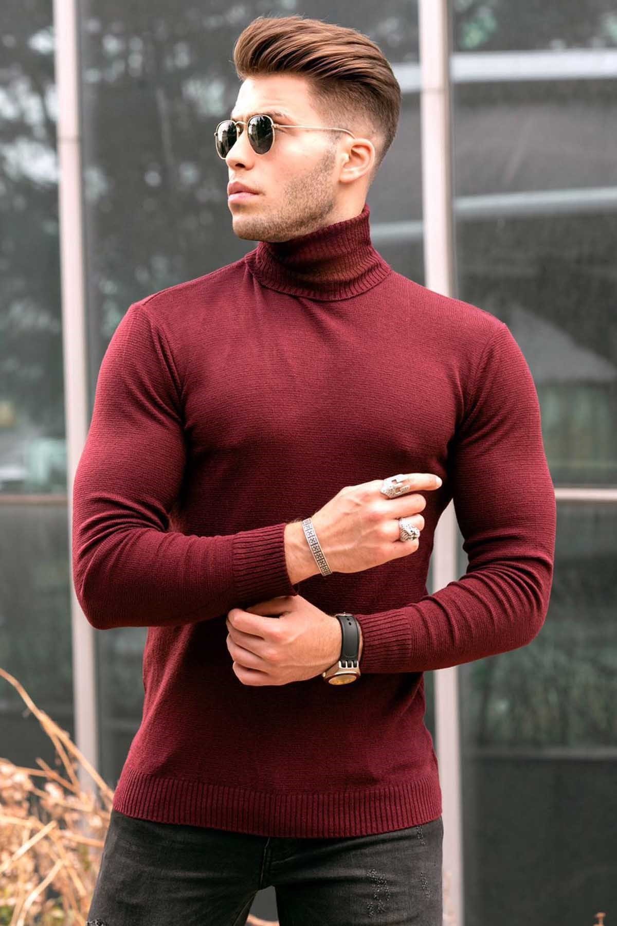 Madmext Claret Red Turtleneck Men Jumper 9421