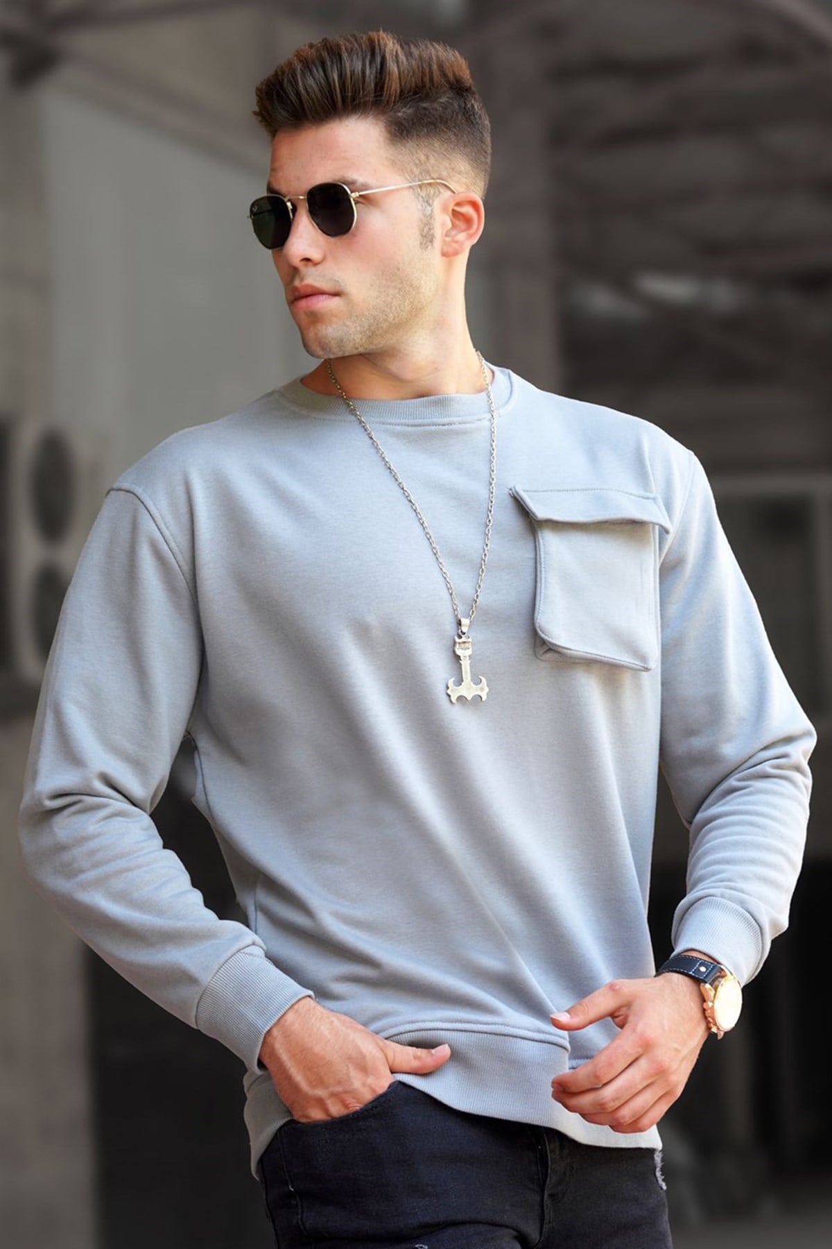 Madmext Boyalı Gri Bisiklet Yaka Sweatshirt 5320