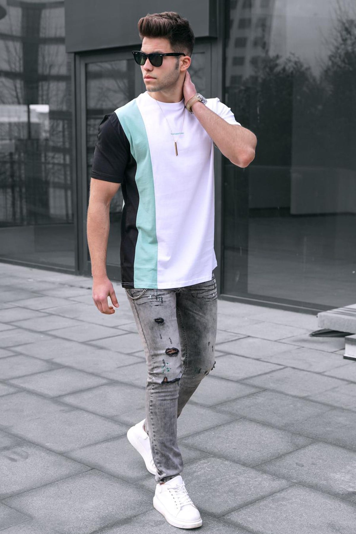 Madmext Çizgili Beyaz T-Shirt 5370