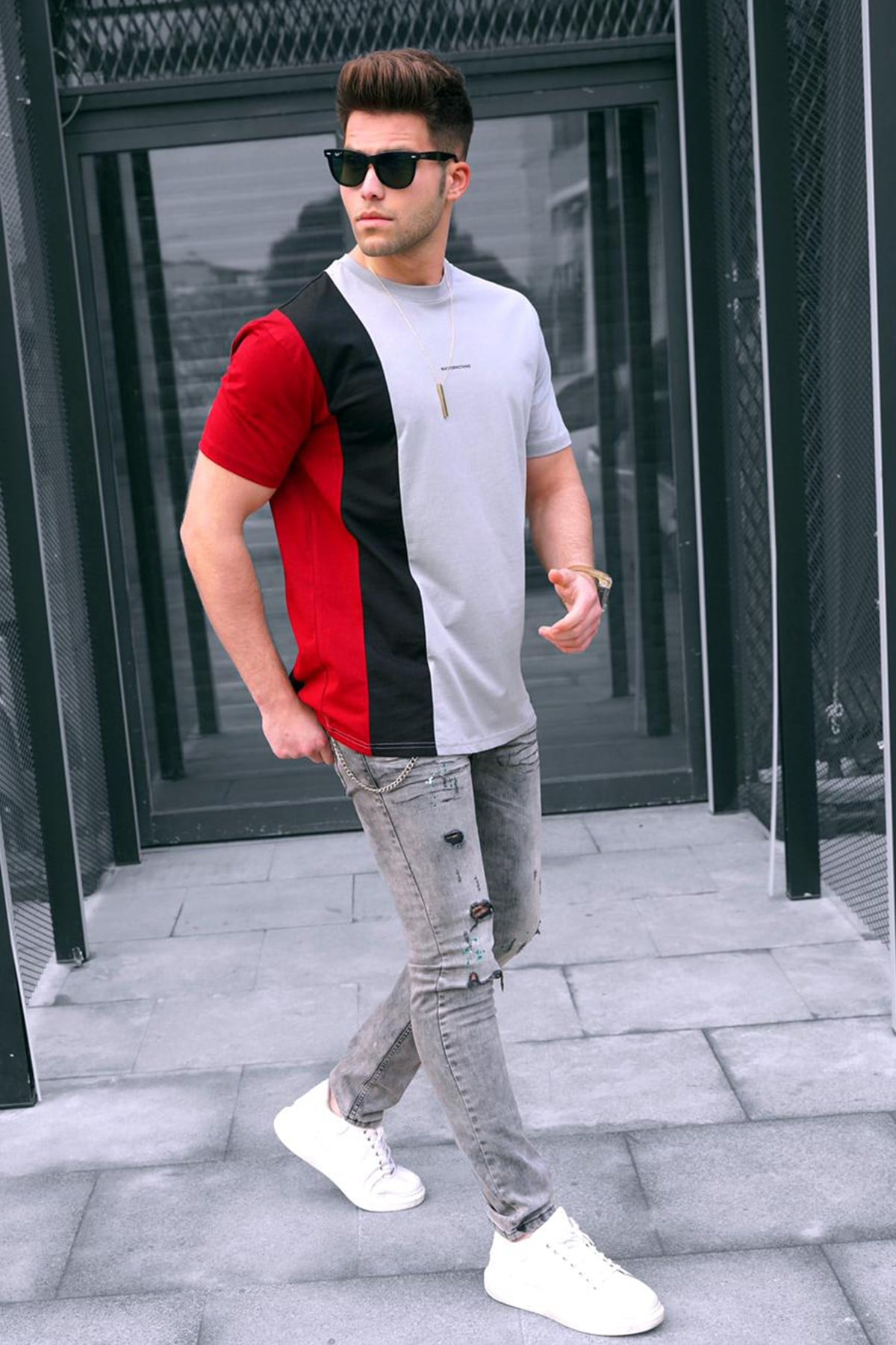 Madmext Çizgili Boyalı Gri T-Shirt 5370