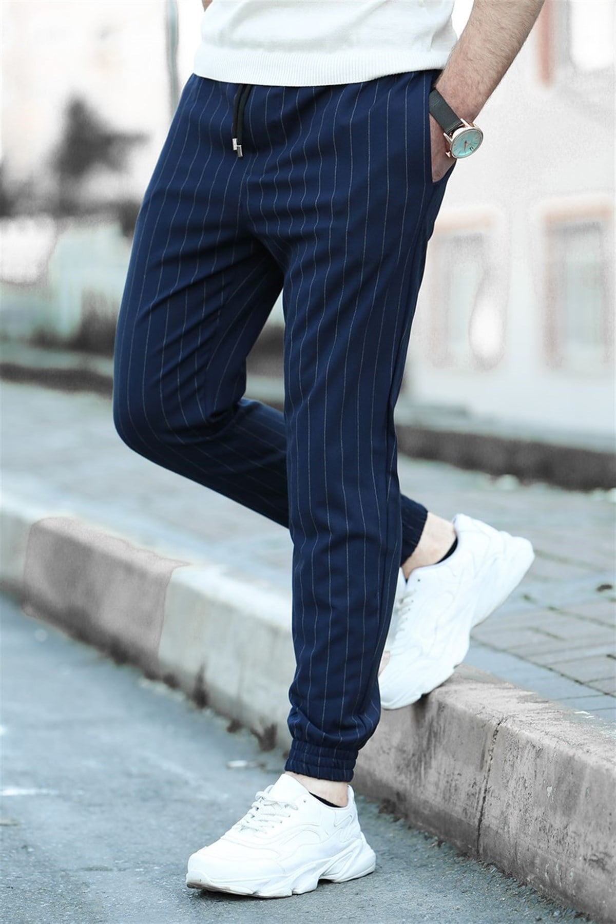 Madmext Navy Blue Striped Trousers 4239