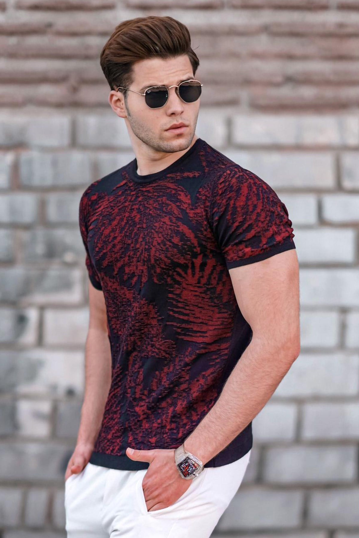 Madmext Desenli Siyah Erkek Tişört 5113