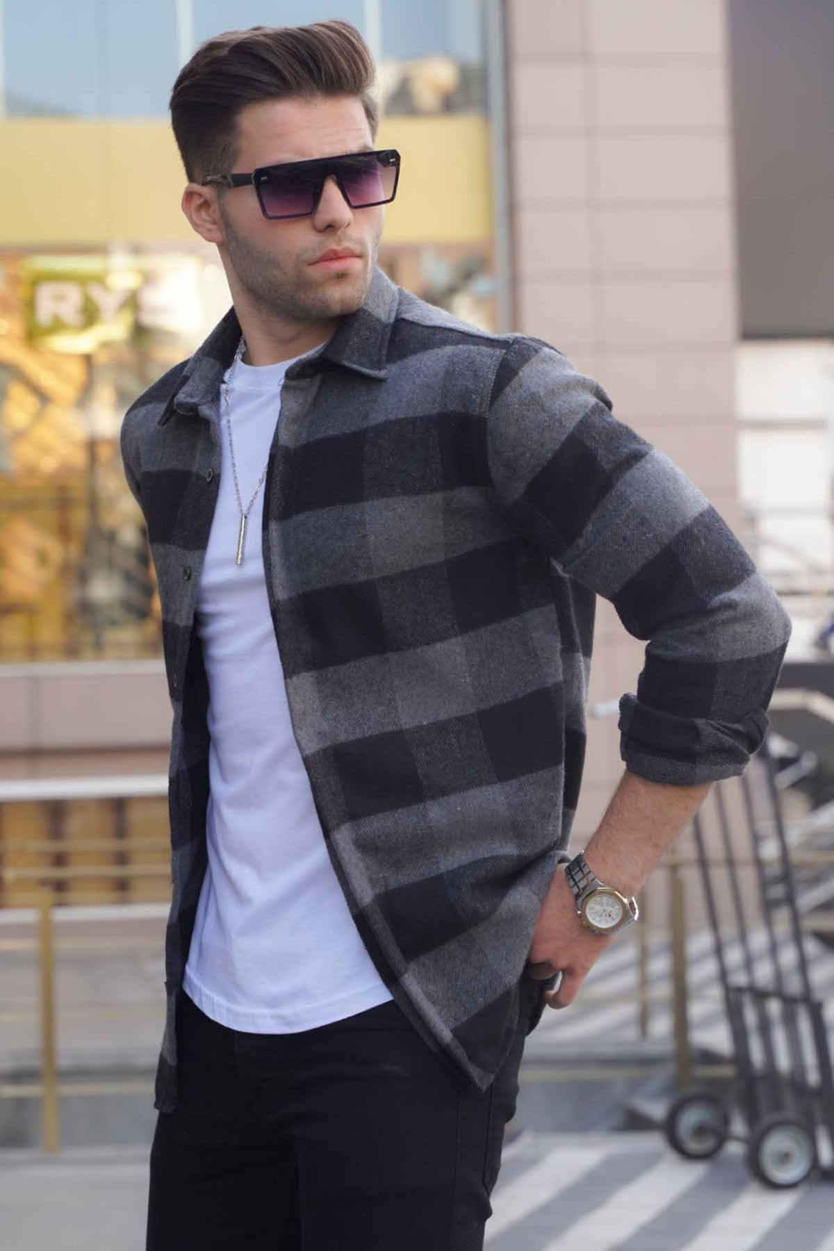Madmext Men Plaid Gray Shirt 4664