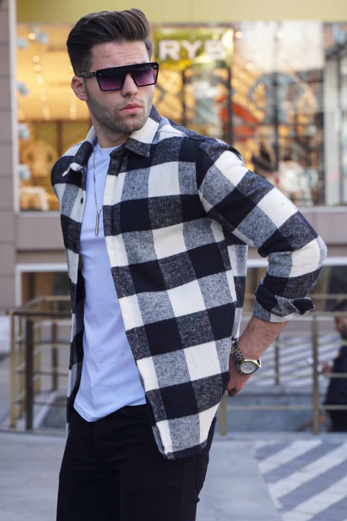 Madmext Men Plaid White Shirt 4664