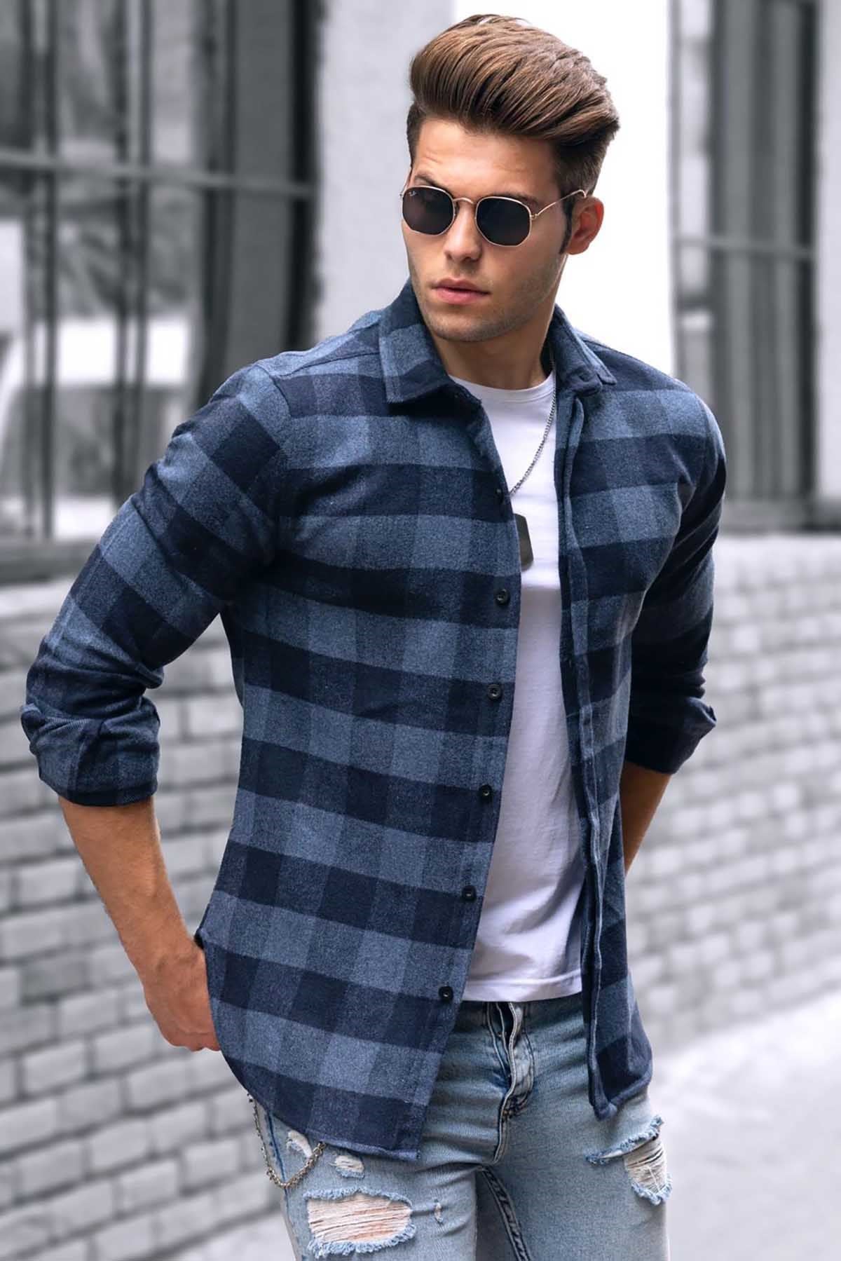 Madmext Ekoseli İndigo Gömlek 4664