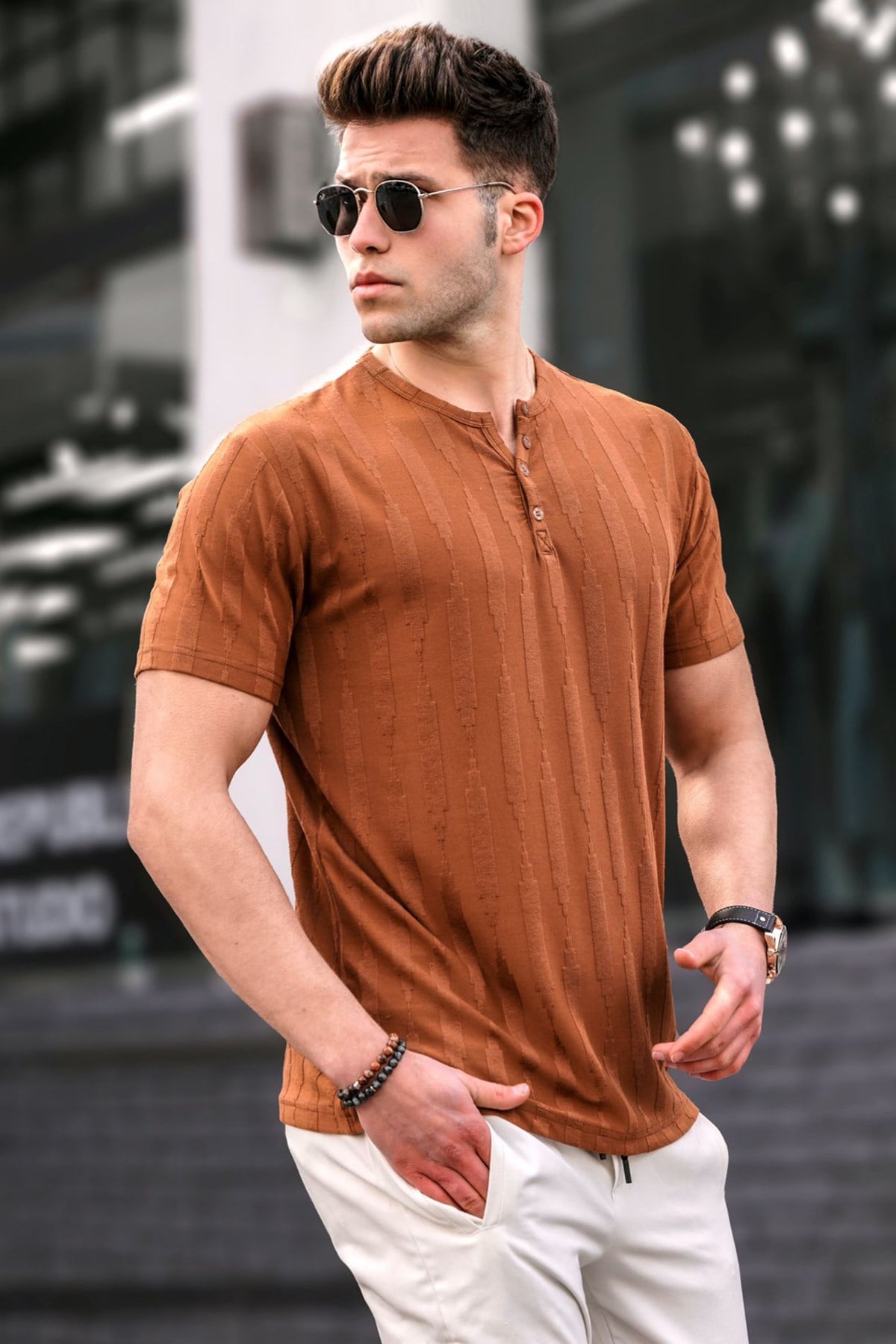 Madmext Erkek Camel Düğmeli Tişört 5831