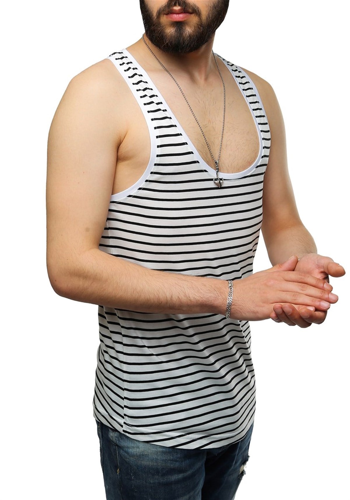 Madmext Erkek Çizgili Beyaz Atlet 2571