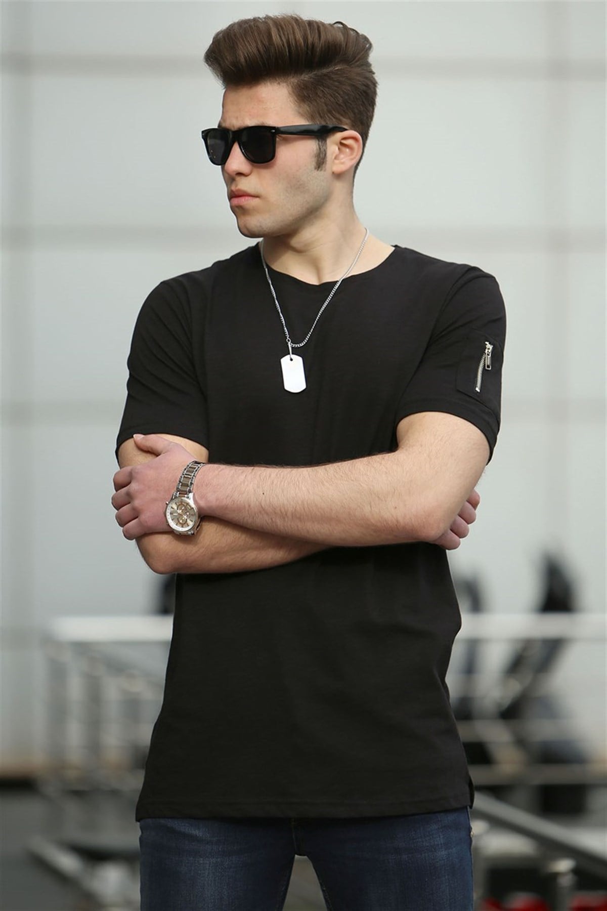 Madmext Fermuar Detaylı Siyah Tişört 4103