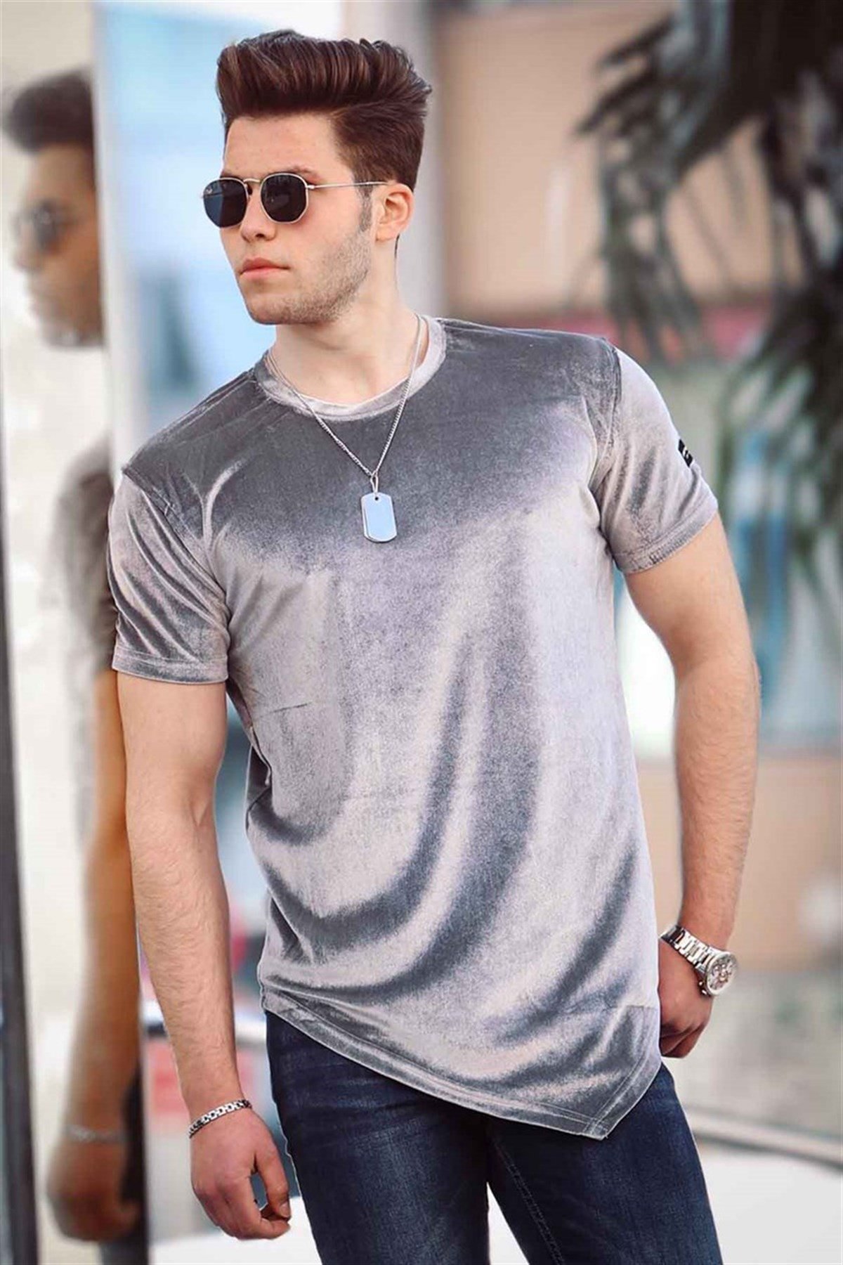 Madmext Grey Velvet T-shirt for Men 4595