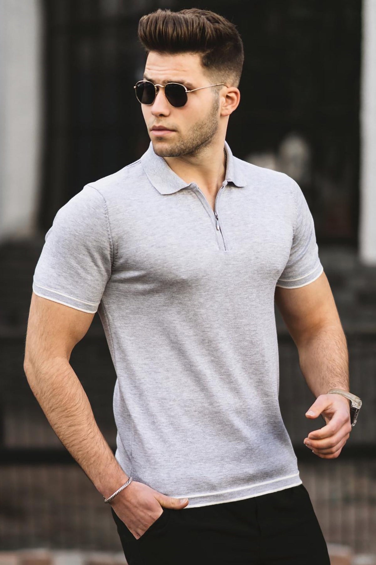 Madmext Gri  Polo Yaka Erkek Tişört 5090