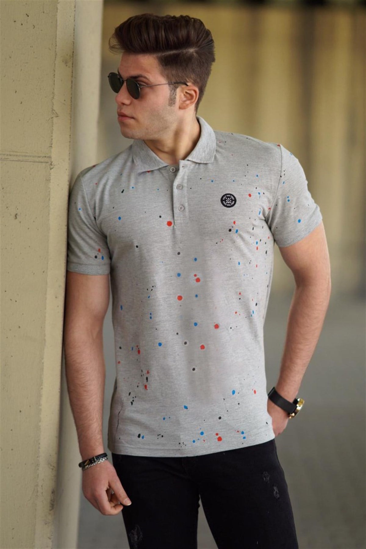 Madmext Gri Püskürtme Baskı Polo Yaka Tişört 4583