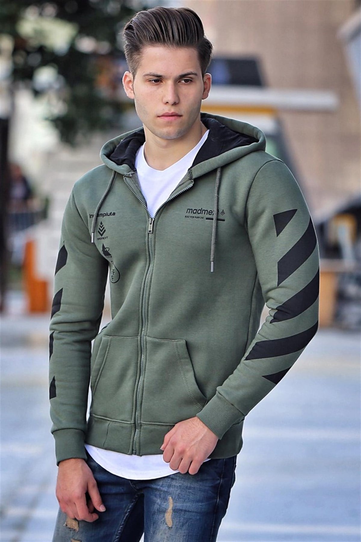 Madmext Haki Baskılı Fermuarlı Kapşonlu Sweatshirt 4189