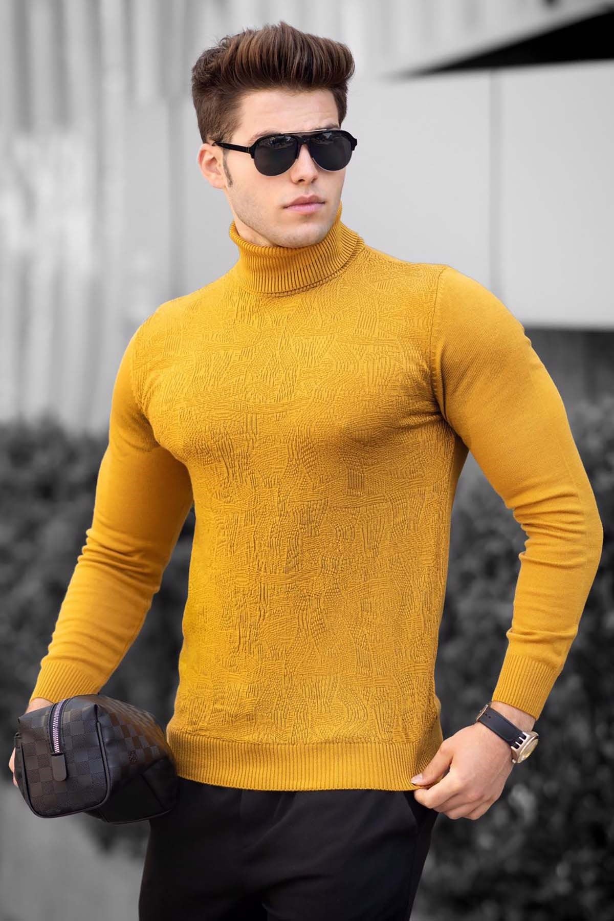 Madmext Mustard Turtleneck Patterned Jumper 4657