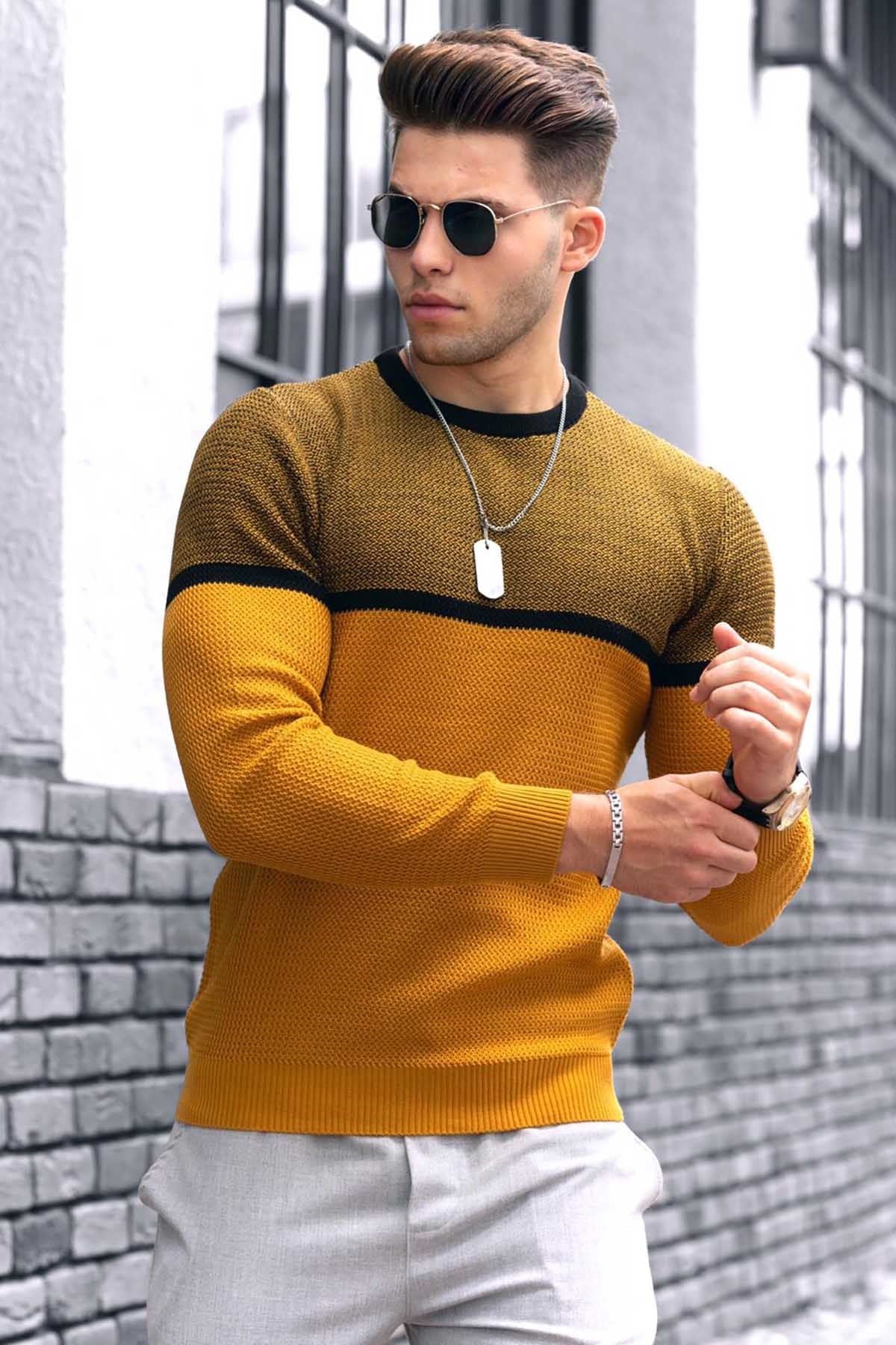 Madmext Mustard Color Blocked Men Jumper 4734
