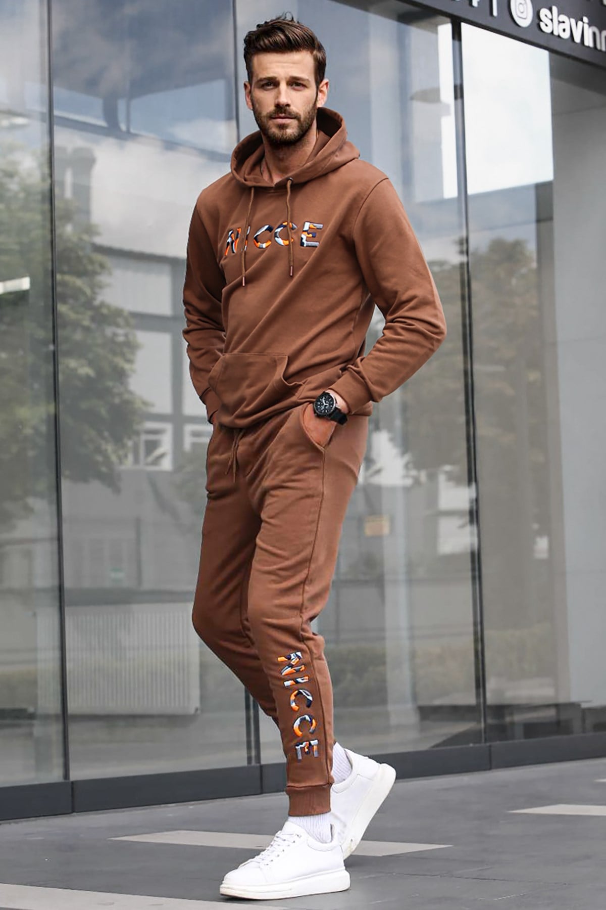 Madmext Men Printed Brown Tracksuit 5298