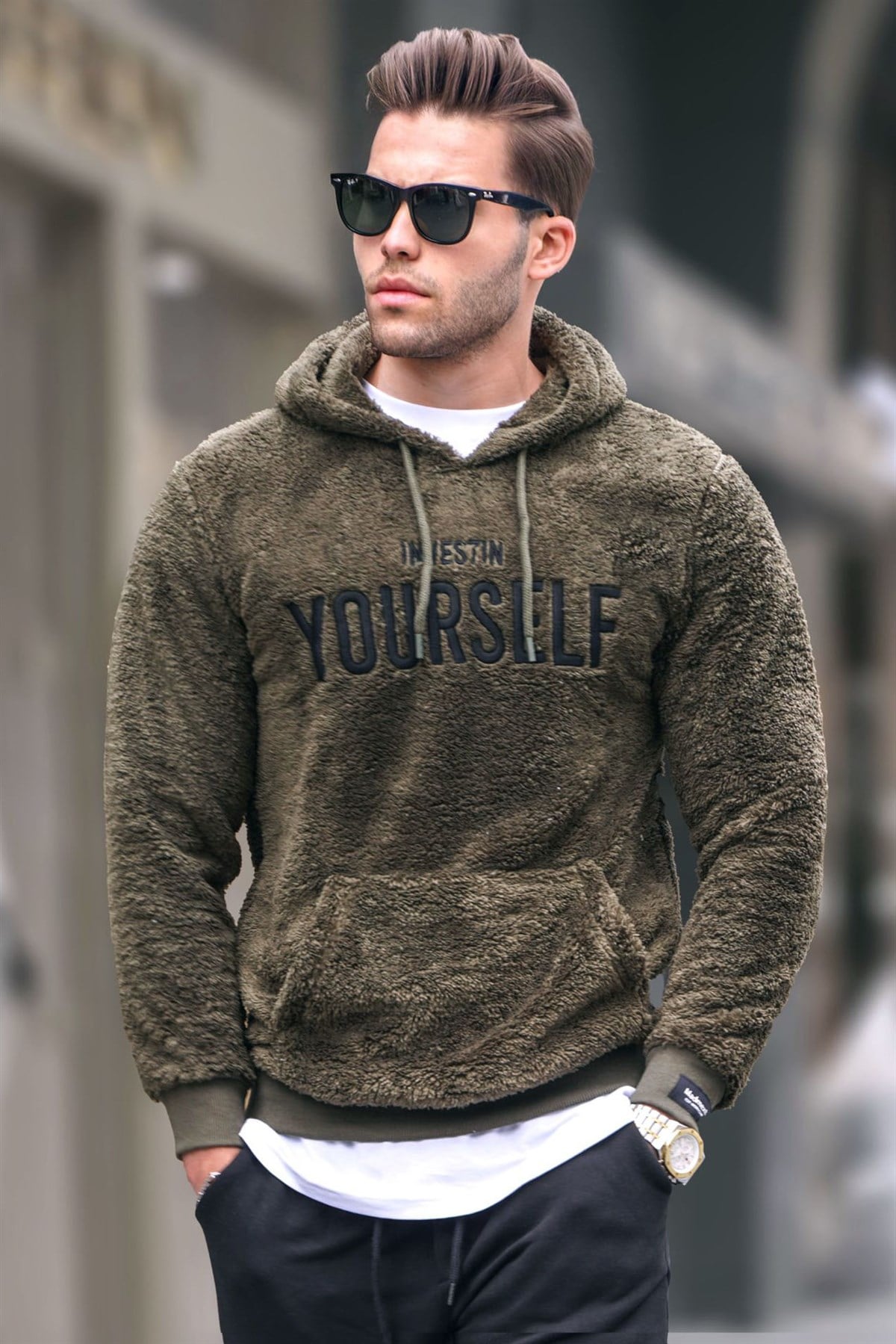 Madmext Kapşonlu Peluş Sweatshirt Haki 4390