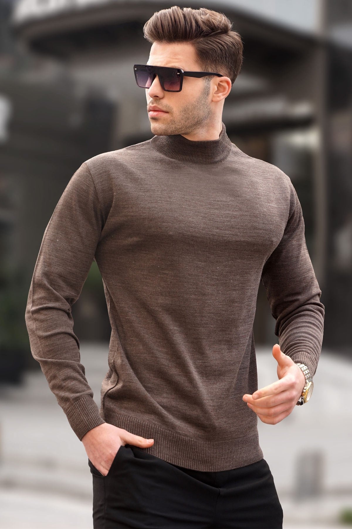 Madmext Kırçıllı Kahverengi Slim Fit Yarım Balıkçı Yaka Erkek Triko Kazak 6343