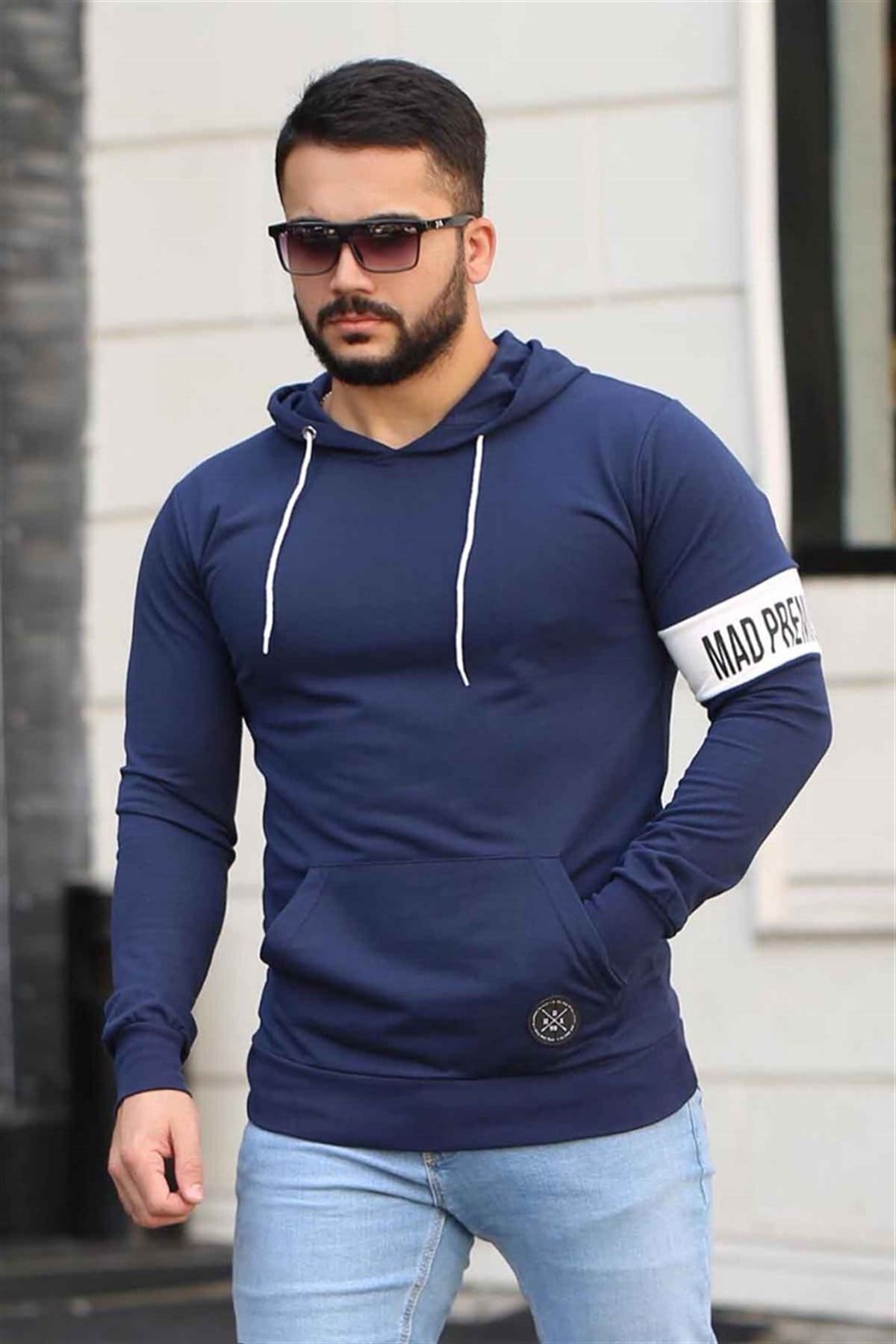Madmext Navy Blue Printed Hoodie 4123