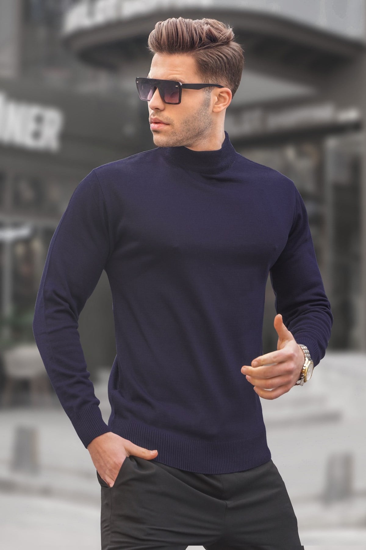 Madmext Koyu Lacivert Slim Fit Yarım Balıkçı Yaka Erkek Triko Kazak 6343