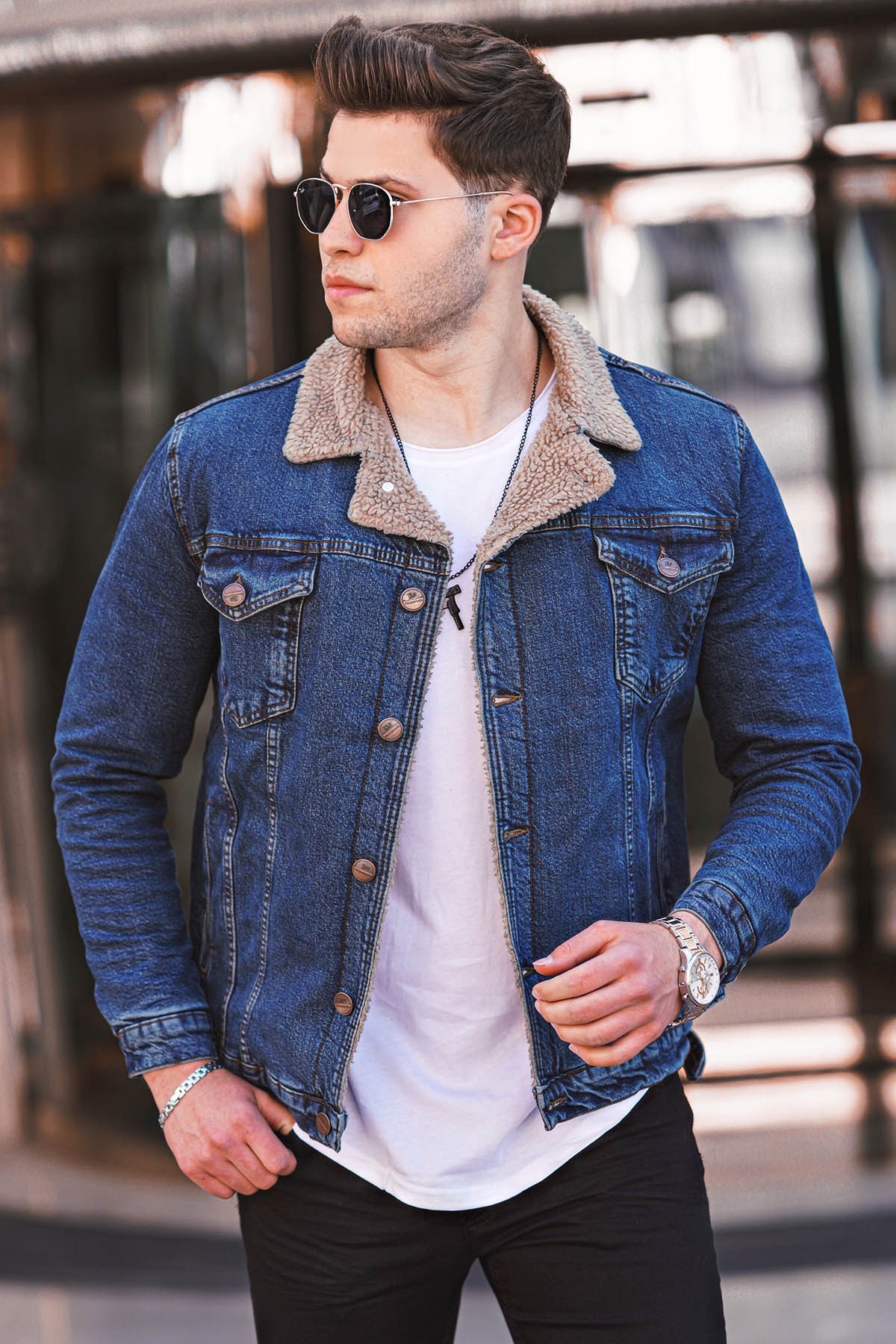 Madmext Kürklü Lacivert Erkek Jean Ceket 9055
