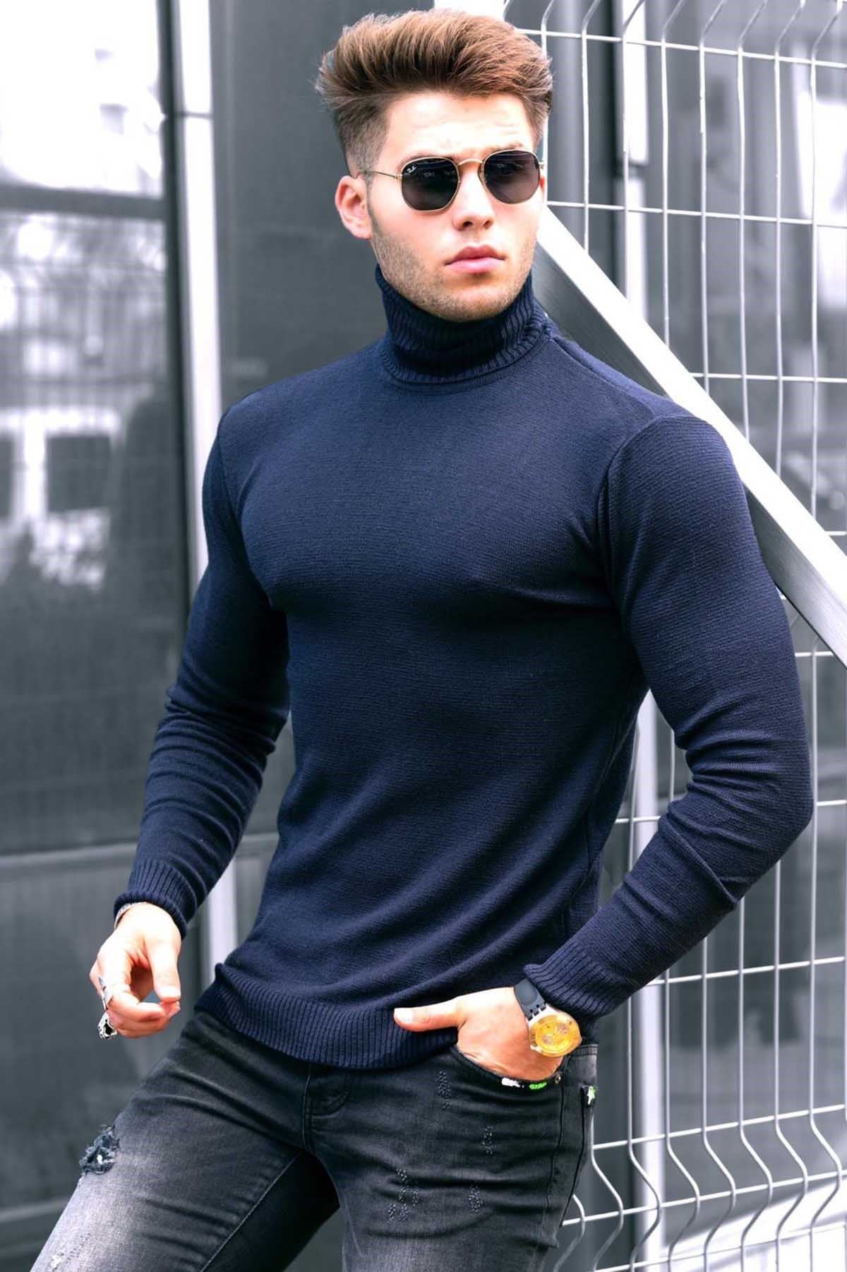 Madmext Navy Blue Turtleneck Men Jumper 9421