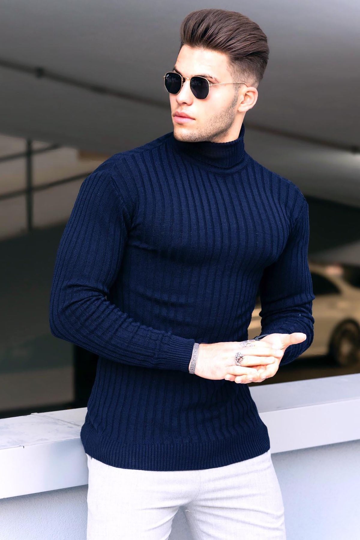 Madmext Navy Blue Turtleneck Men Jumper 9419
