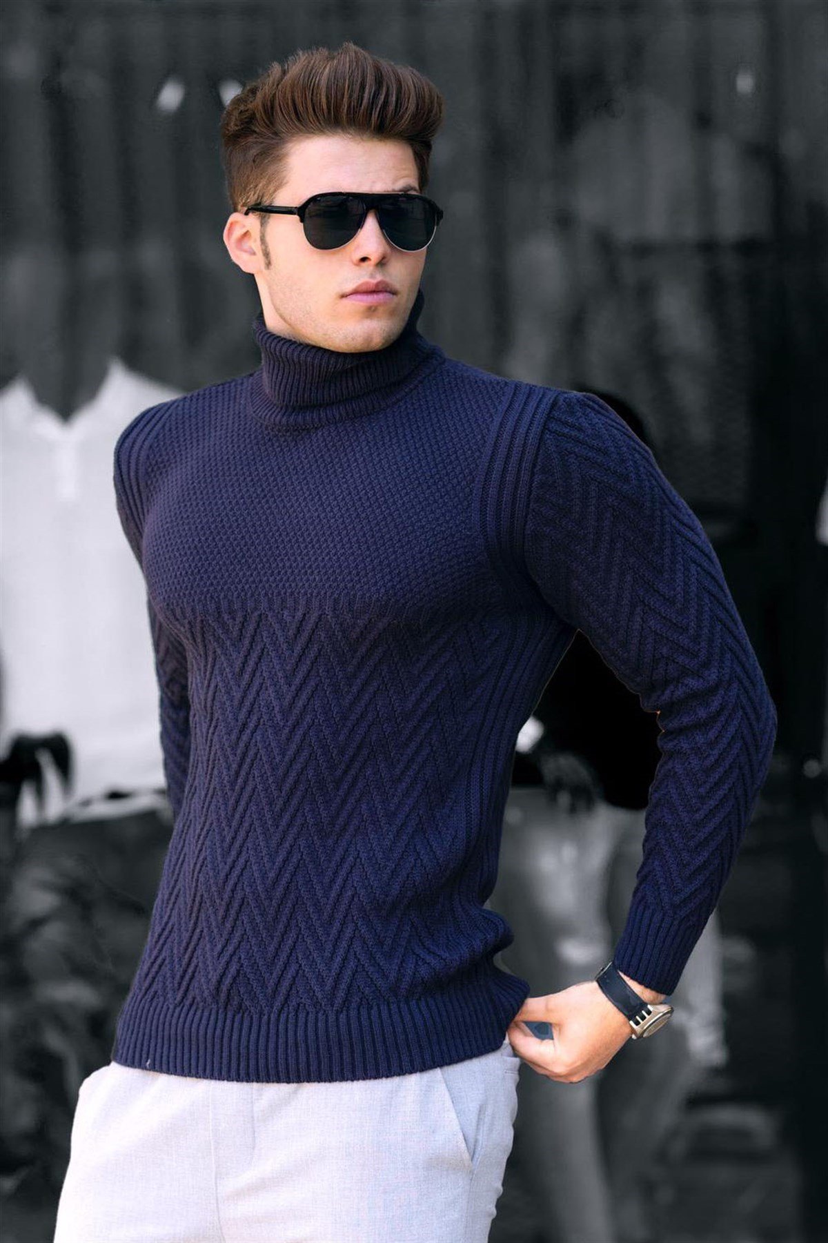 Madmext Navy Blue Turtleneck Knitting Jumper 4655