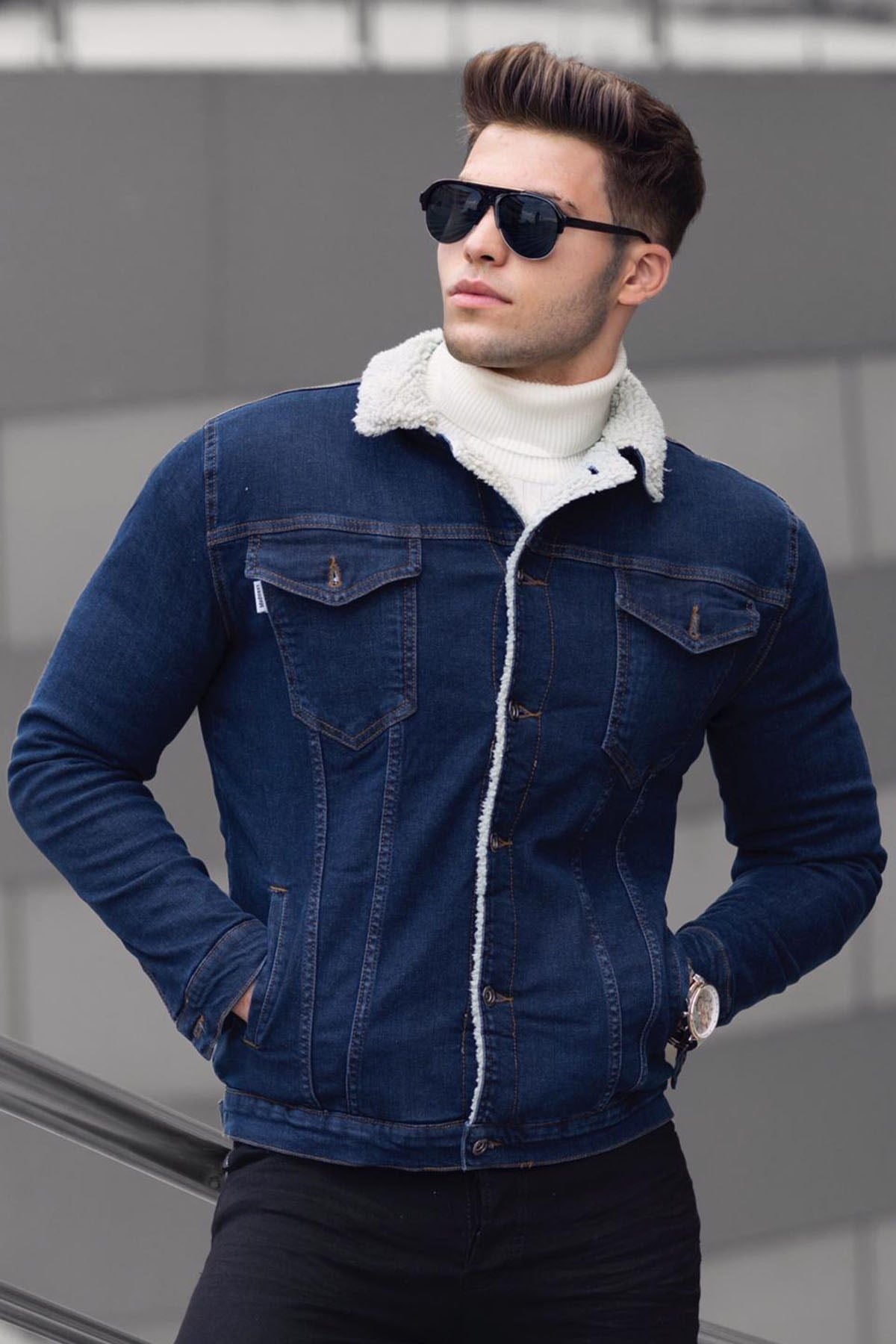 Madmext Lacivert Kürklü Erkek Jean Ceket 9316