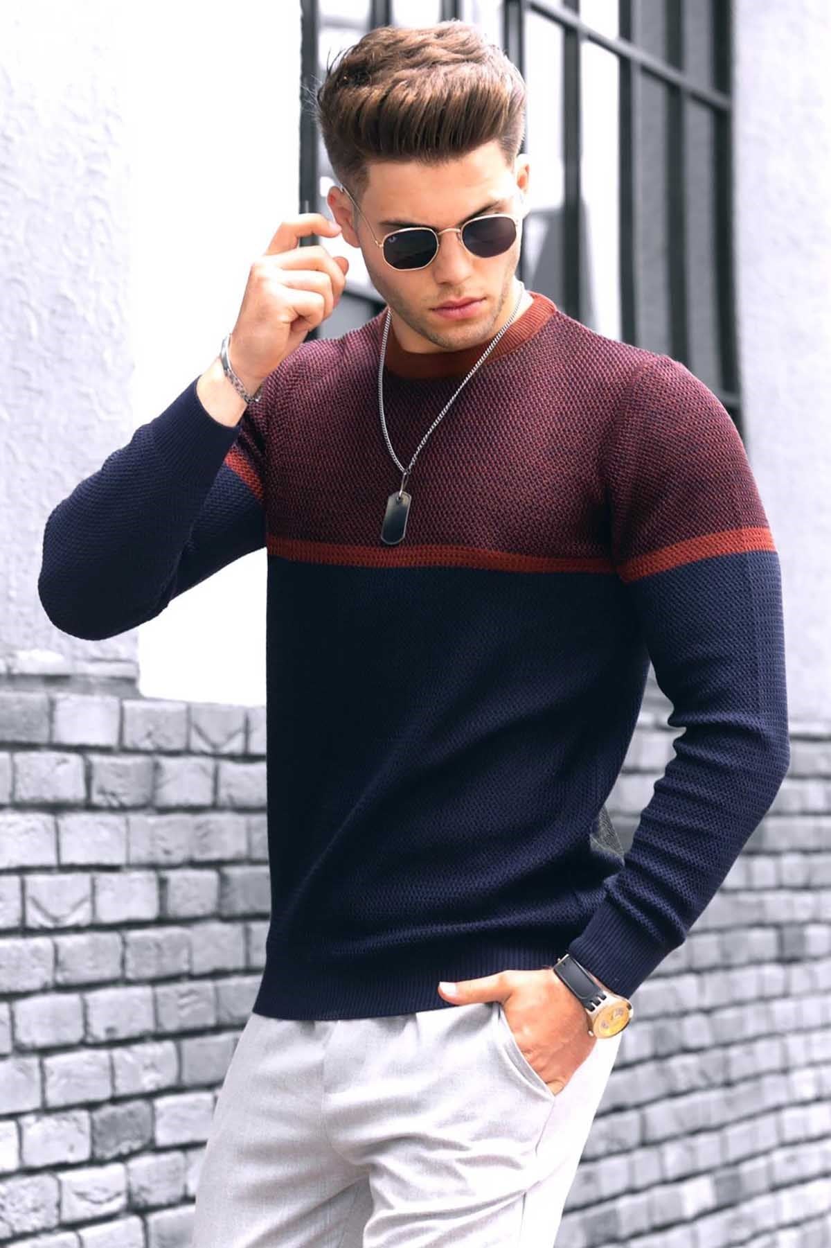 Madmext Navy Blue Color Blocked Men Jumper 4734