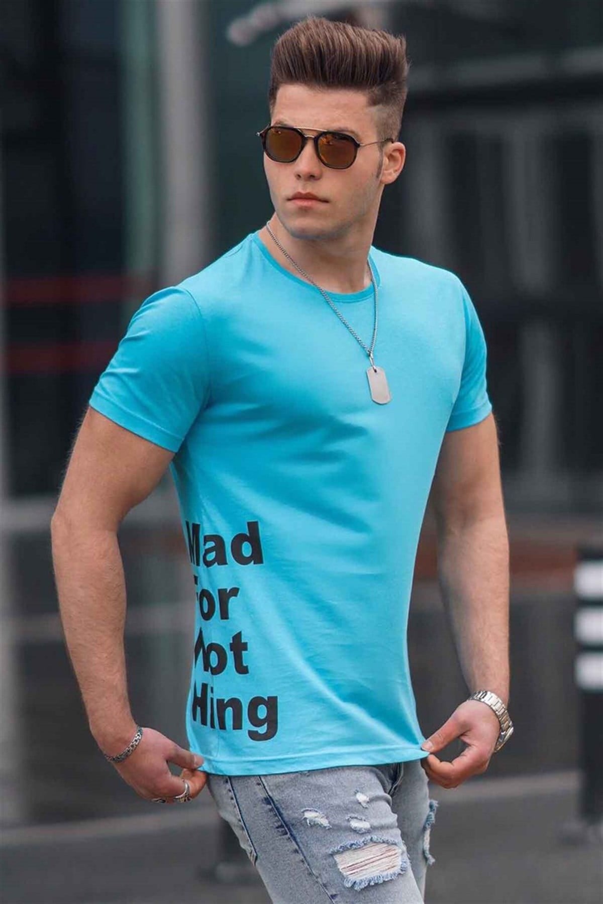 Madmext Blue Printed T-shirt for Men 4553