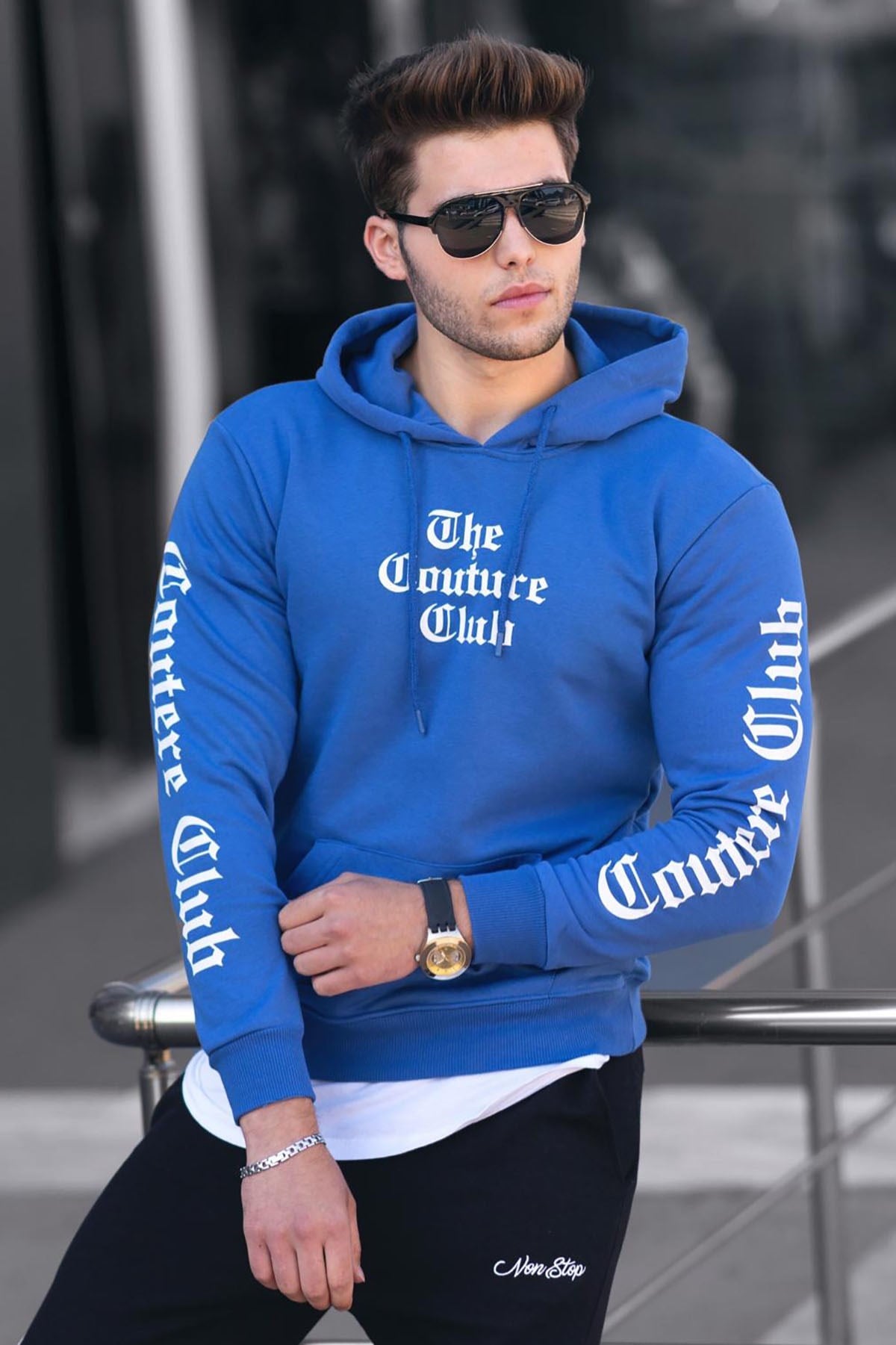 Madmext Blue Printed Hoodie 2877