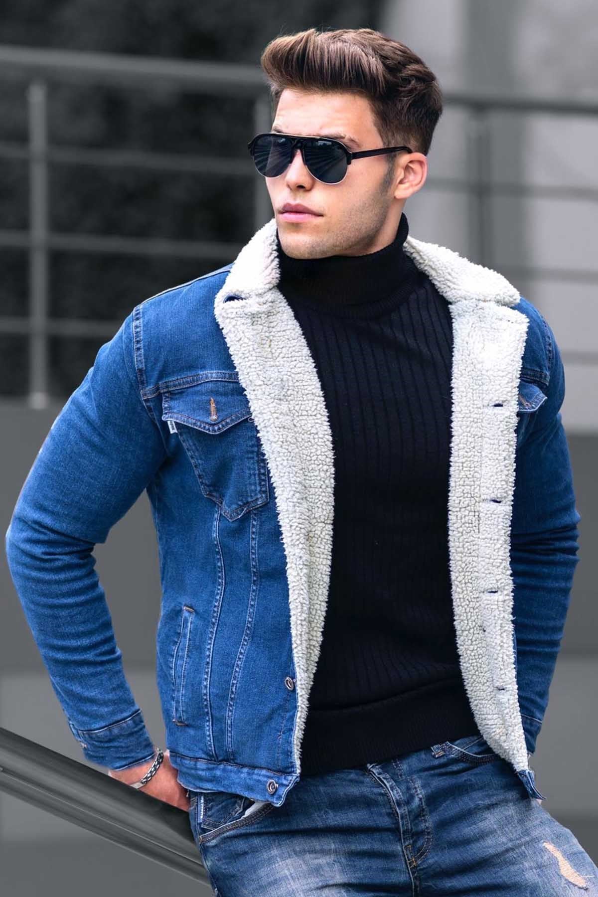 Madmext Mavi Kürklü Erkek Jean Ceket 9316