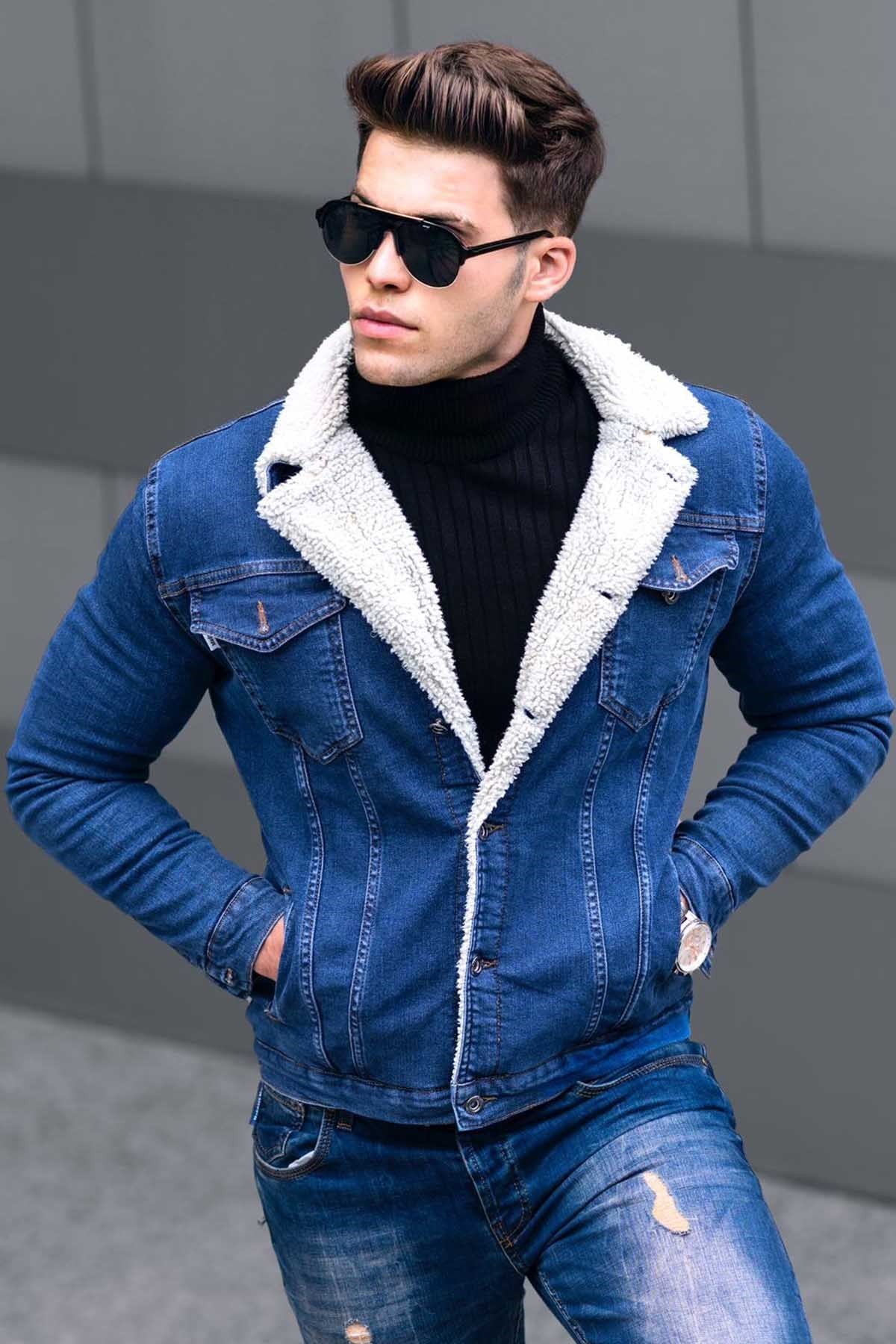 Madmext Mavi Kürklü Erkek Jean Ceket 9316