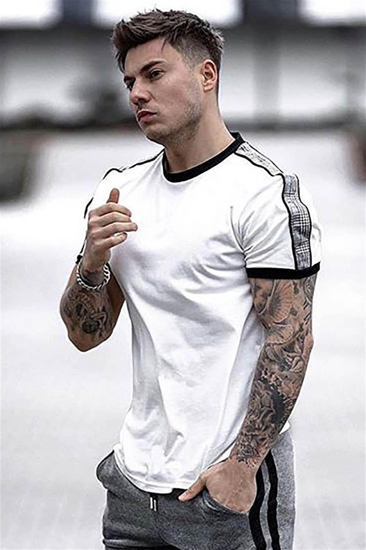 Madmext White Shoulder Striped T-shirt for Men 4101