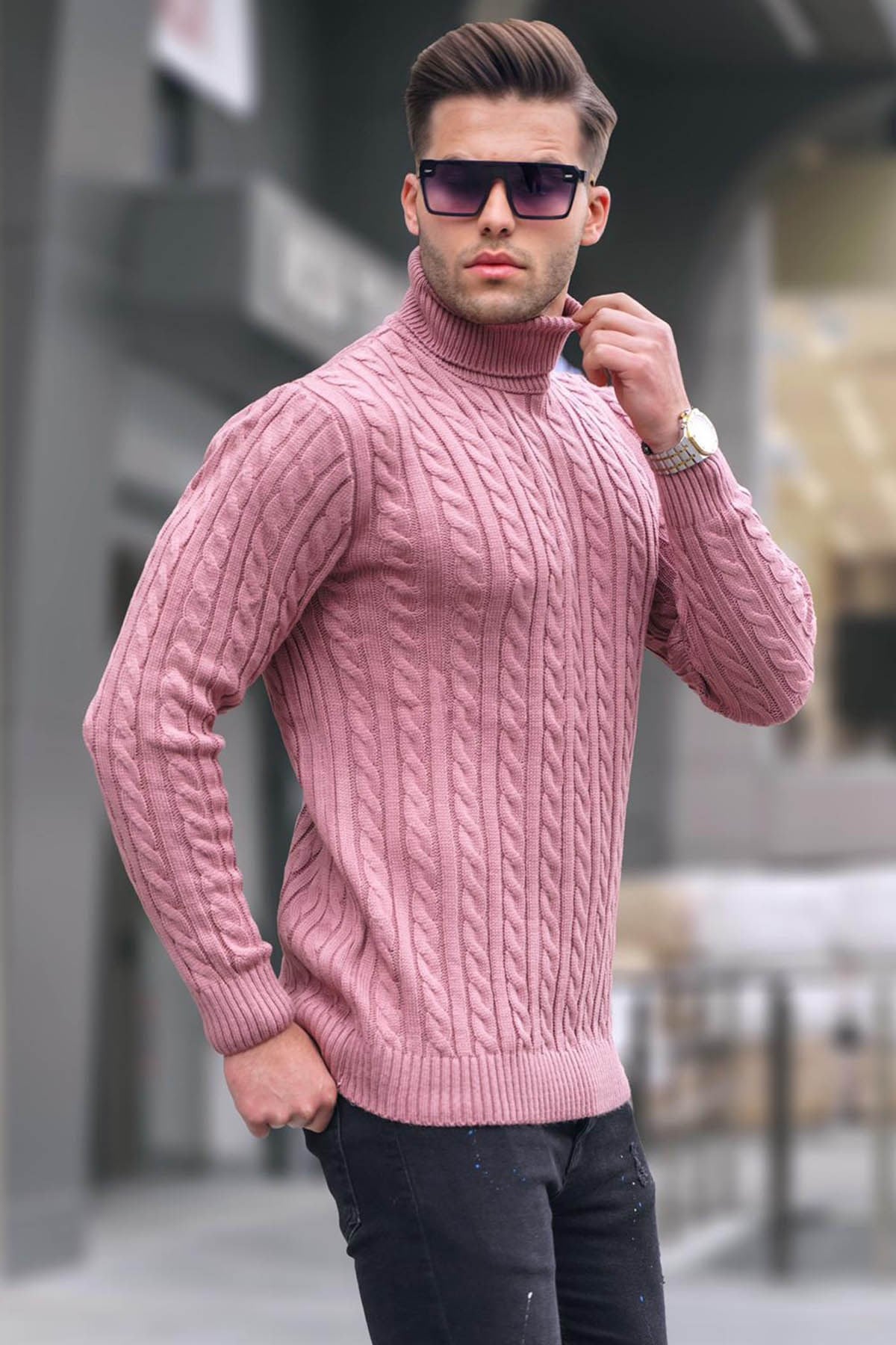 Madmext Örgü Desenli Balıkçı Yaka Pudra Kazak 4654