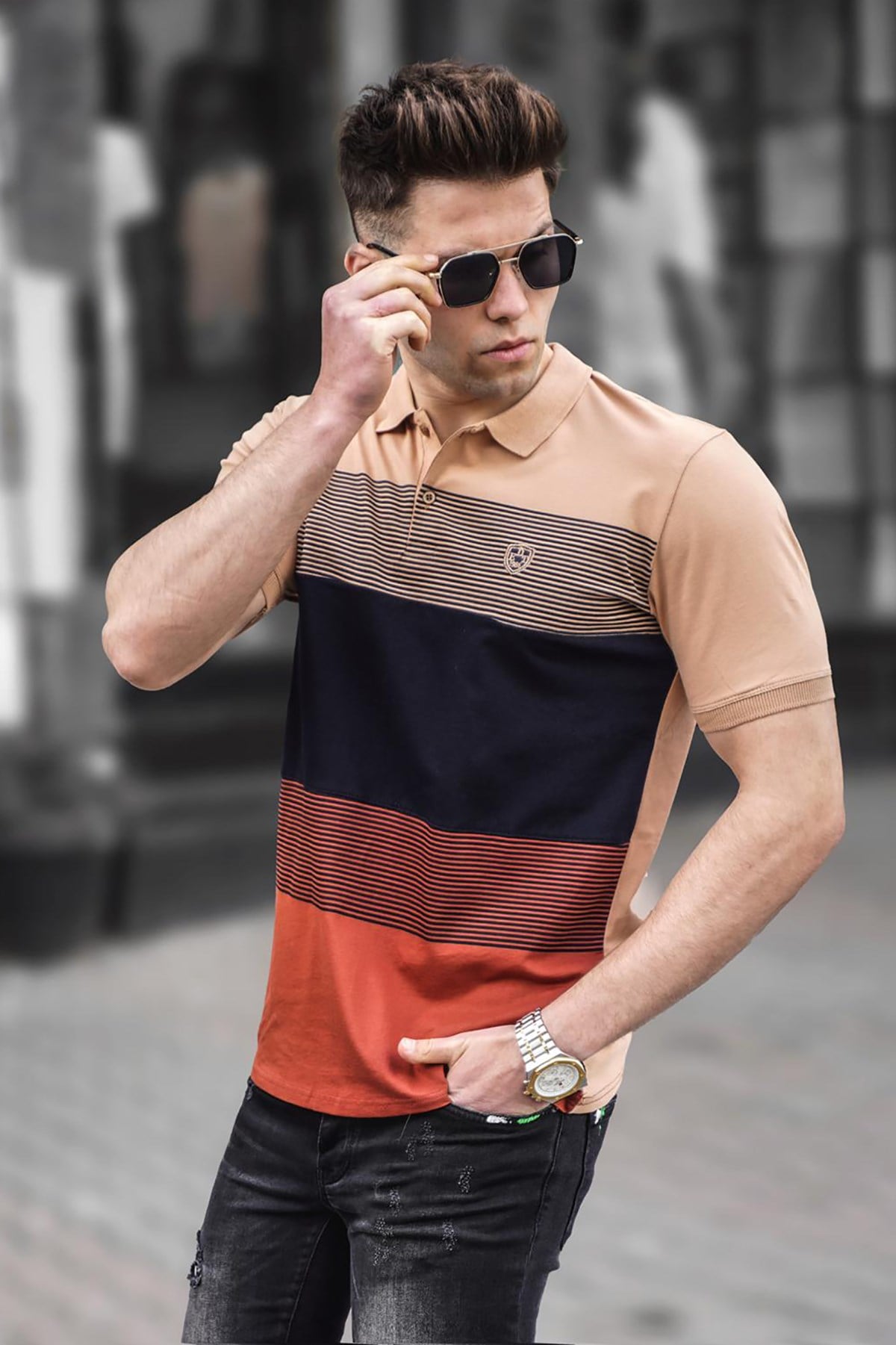 Madmext Renk Bloklu Camel Polo Yaka Erkek Triko Tişört 9280